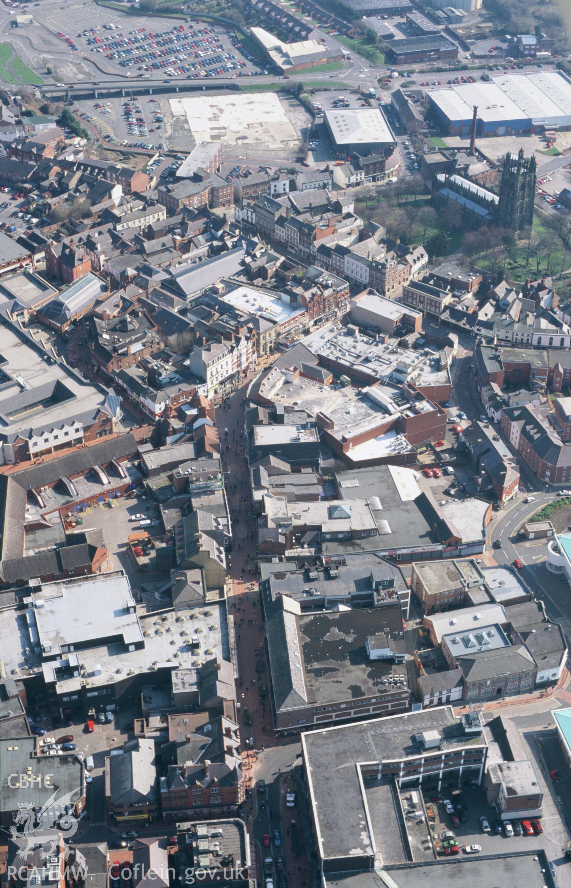 RCAHMW colour oblique aerial photograph of Wrexham, town centre, from northwest. Taken by Toby Driver on 14/03/2003