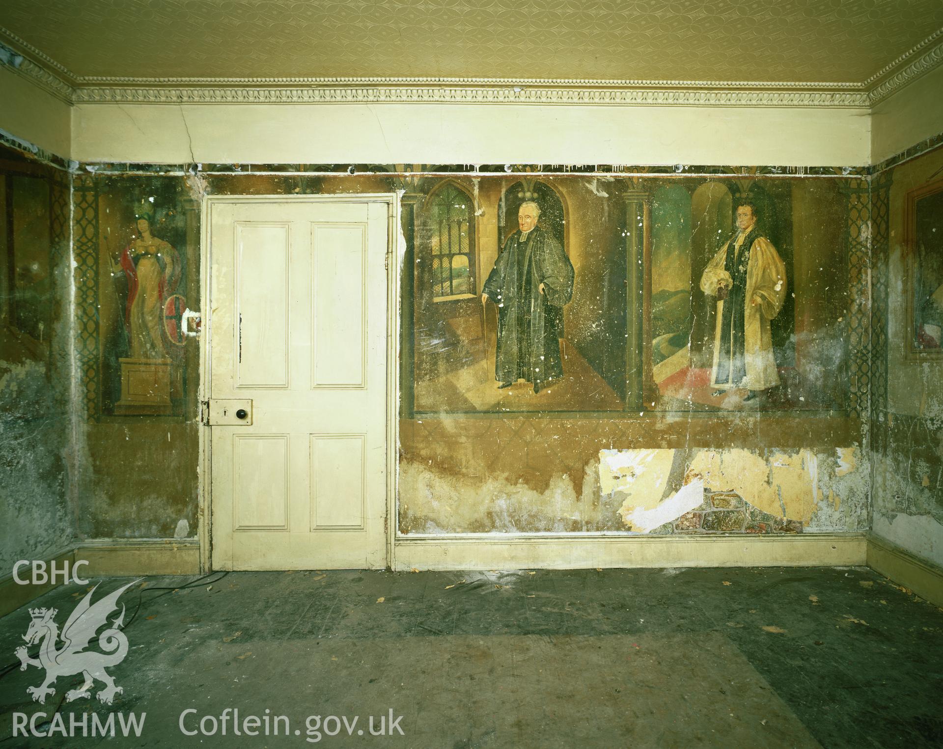 RCAHMW colour transparency showing wallpaintings at Elwy Bank, St Asaph, photographed by Iain Wright, November 2003.