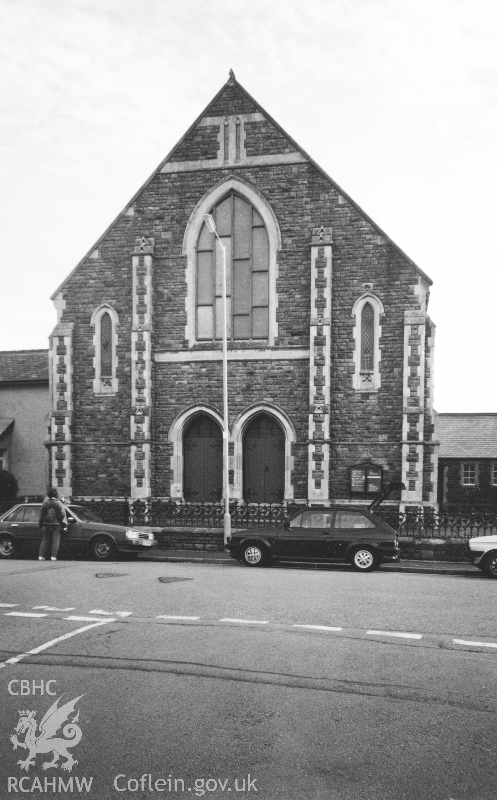 Digital copy of a black and white photograph showing an exterior view of Priory Road Wesleyan Methodist Chapel, Milford Haven, taken by Robert Scourfield, c.1996.