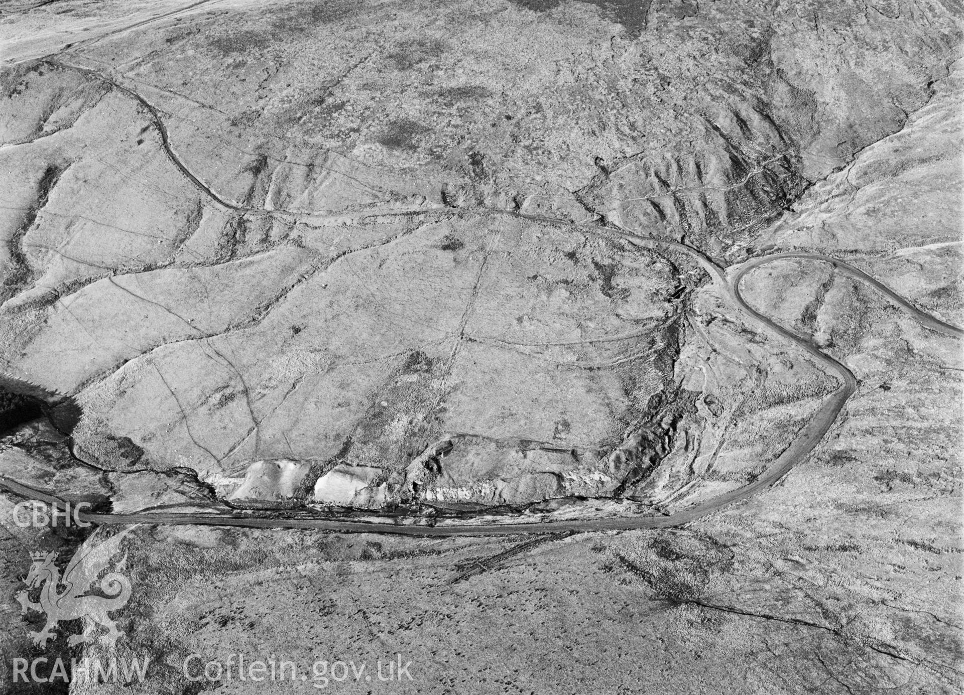 RCAHMW Black and white oblique aerial photograph of Plynlimmon, Nantiago Lead Mine, Llangurig, taken on 30/10/1992 by CR Musson