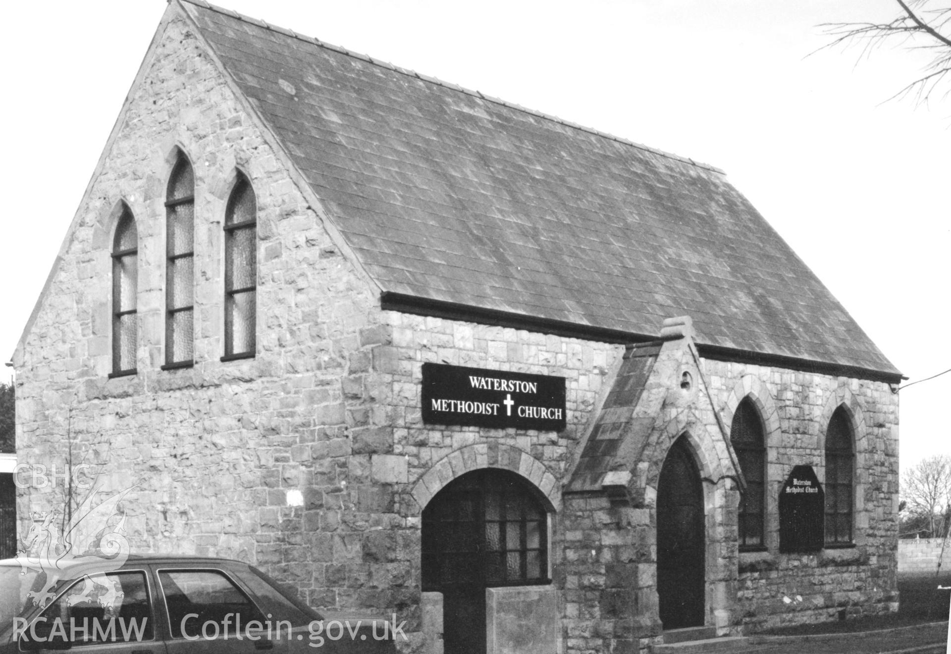 Digital copy of a black and white photograph showing an exterior view of English Wesleyan Methodist Chapel, Waterston, taken by Robert Scourfield, 1996.