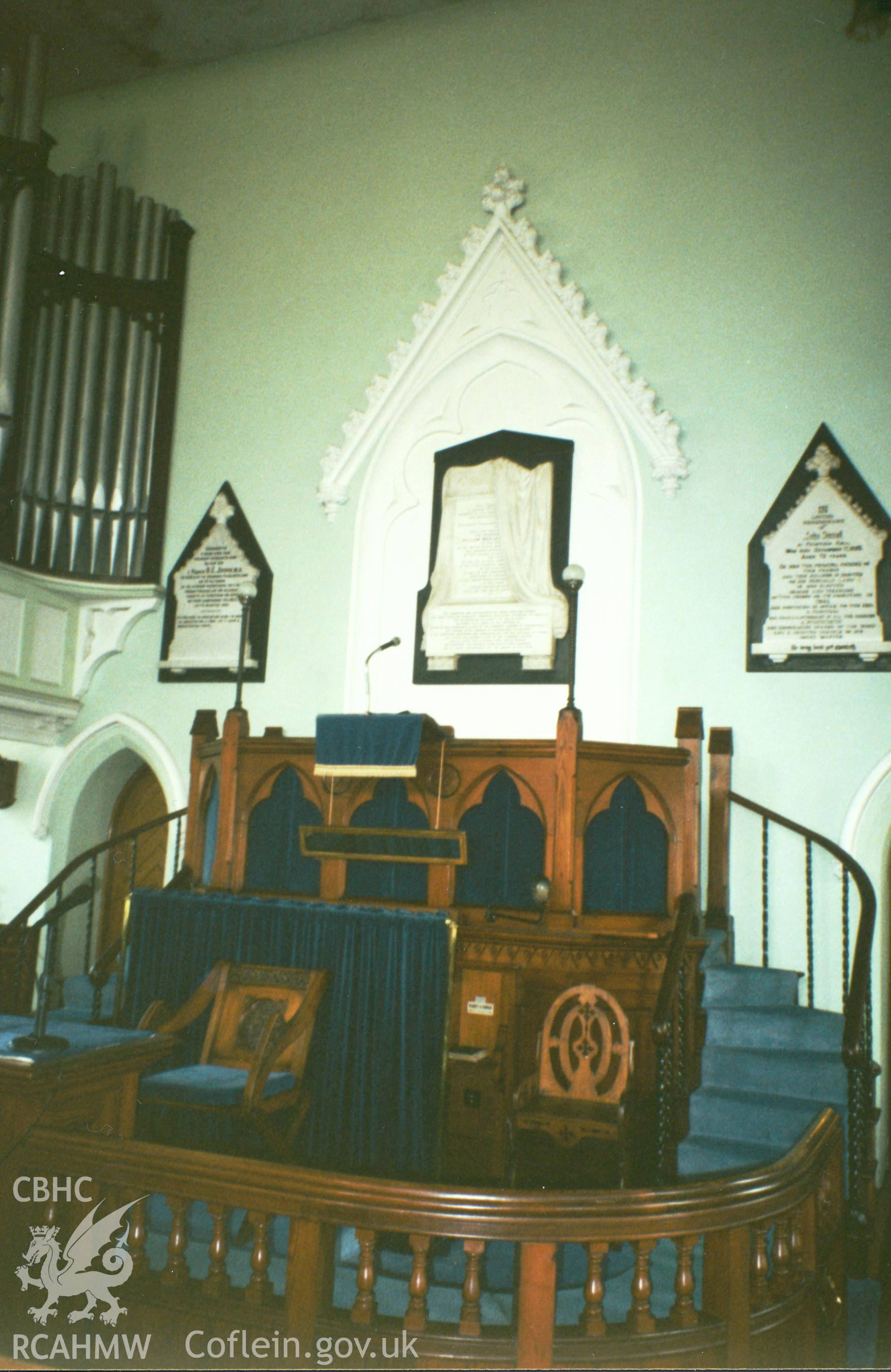 Digital copy of a colour photograph showing an interior view of Welsh Independent Chapel, Union Street, Carmarthen, taken by Robert Scourfield, 1996.