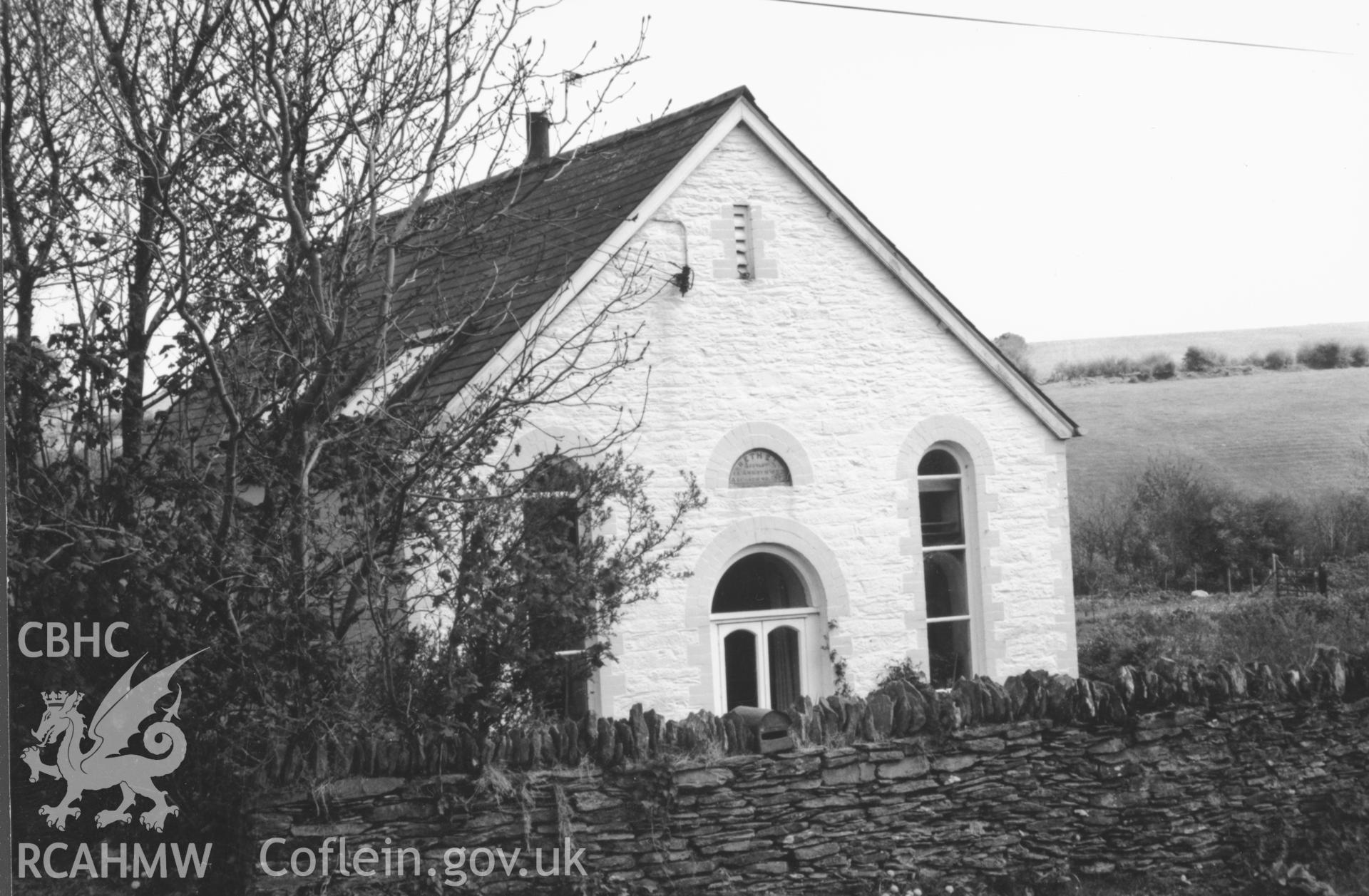Digital copy of a black and white photograph showing a general view of Bethel Independent Sunday School, Llanbeddau, taken by Robert Scourfield, c.1996.