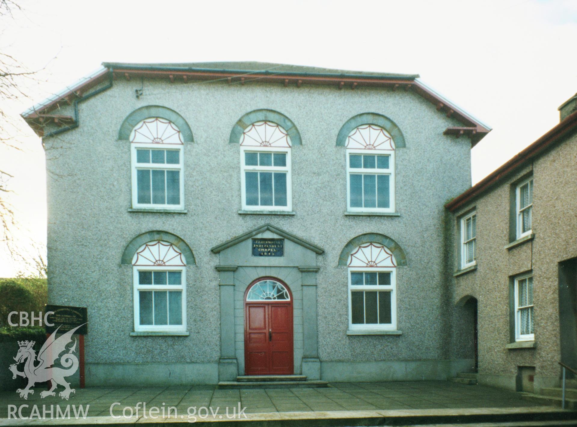 Digital copy of a colour photograph showing an exterior view of Tabernacl Welsh Independent Chapel,  Upper Fishguard, taken by Robert Scourfield, c.1996.