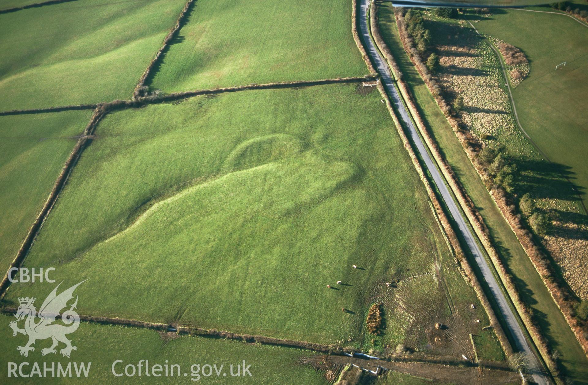 Slide of RCAHMW colour oblique aerial photograph of South Cuckoo Enclosure, Haverfordwest, taken by T.G. Driver, 2001.