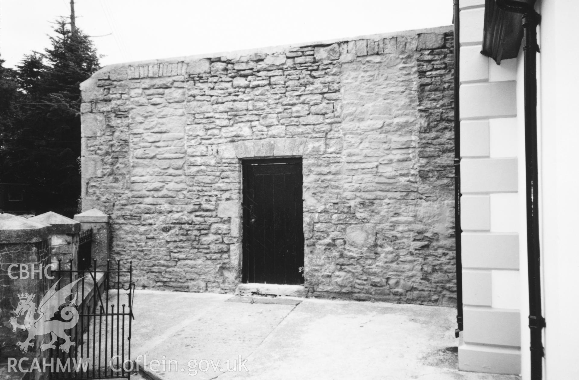 Digital copy of a black and white photograph showing an exterior view of Tabernacl Calvinistic Methodist Chapel, Llanddowror, taken by Robert Scourfield, 1996.