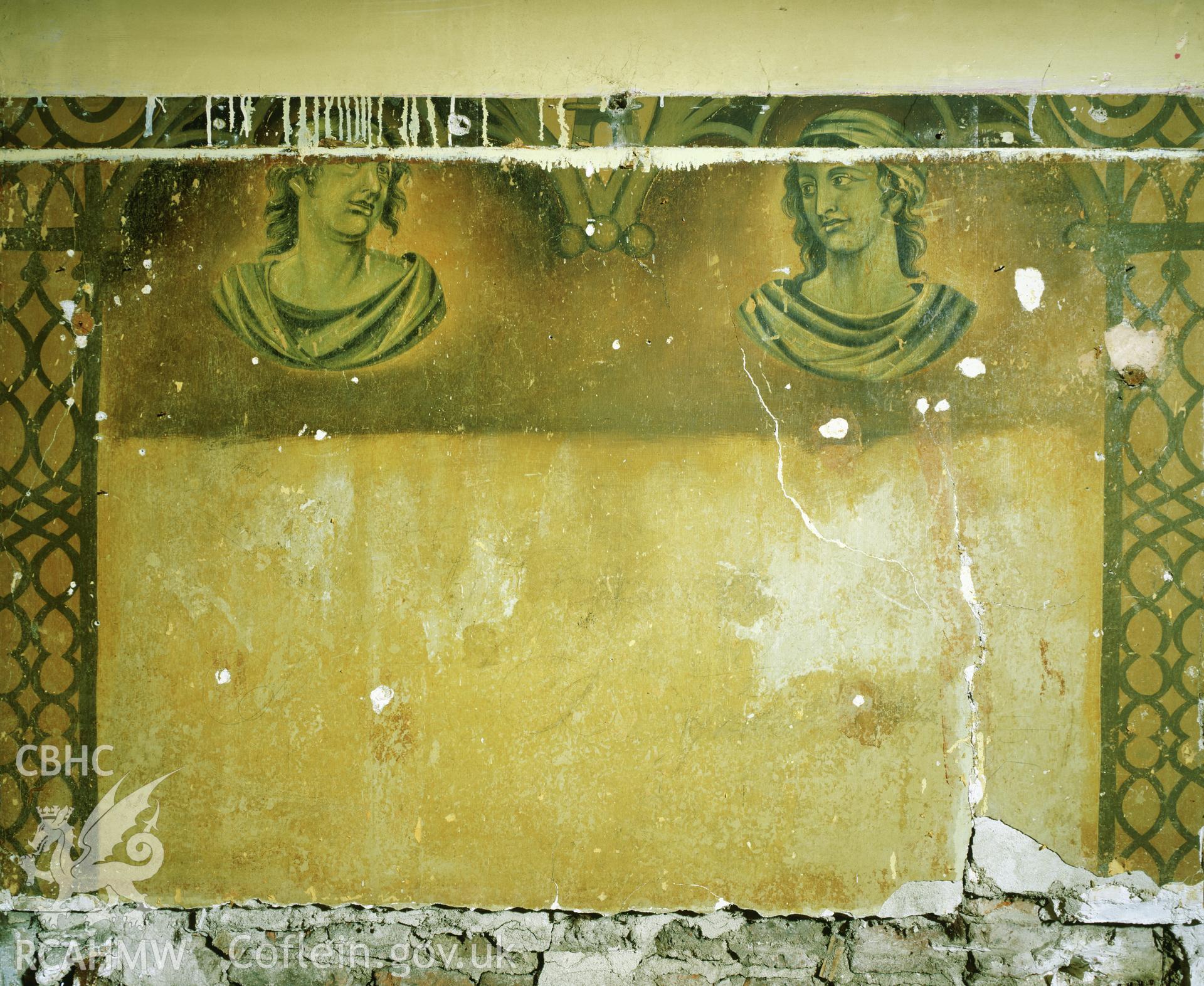 RCAHMW colour transparency showing wallpainting of two classical heads, at Elwy Bank, St Asaph, photographed by Iain Wright, November 2003.