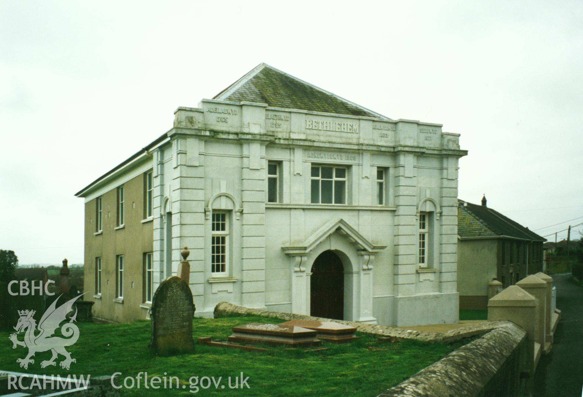 Digital copy of a colour photograph showing an exterior view of Bethlehem Welsh Independent Chapel, Pwll Trapp, taken by Robert Scourfield, 1996.