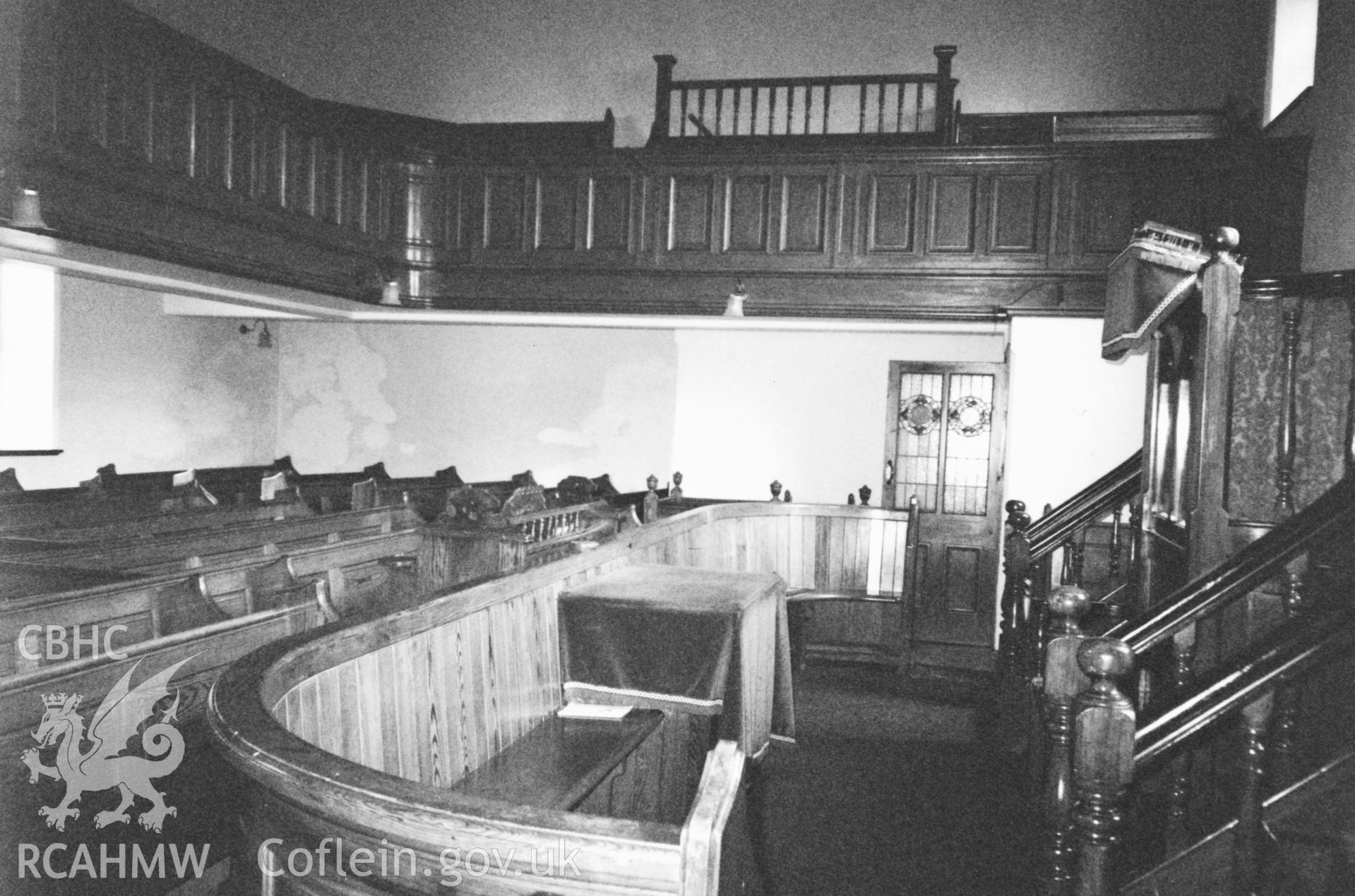 Digital copy of a black and white photograph showing an interior view of Capel y Graig Welsh Calvinistic Methodist Chapel, Cwmbach, taken by Robert Scourfield, 1996.