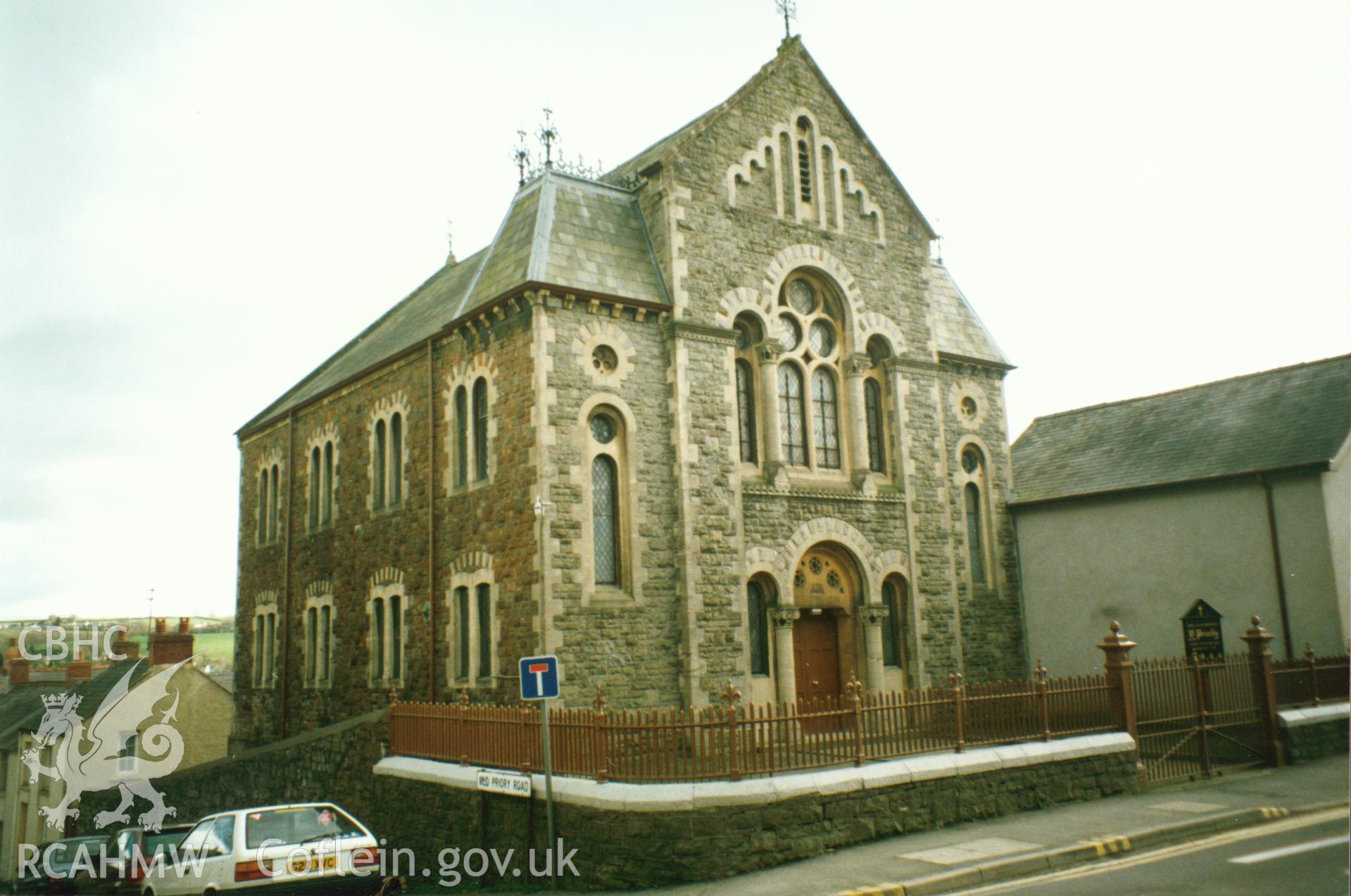 Digital copy of a colour photograph showing an exterior view of Welsh Independent Chapel, Priory Street, Carmarthen, taken by Robert Scourfield, 1996.