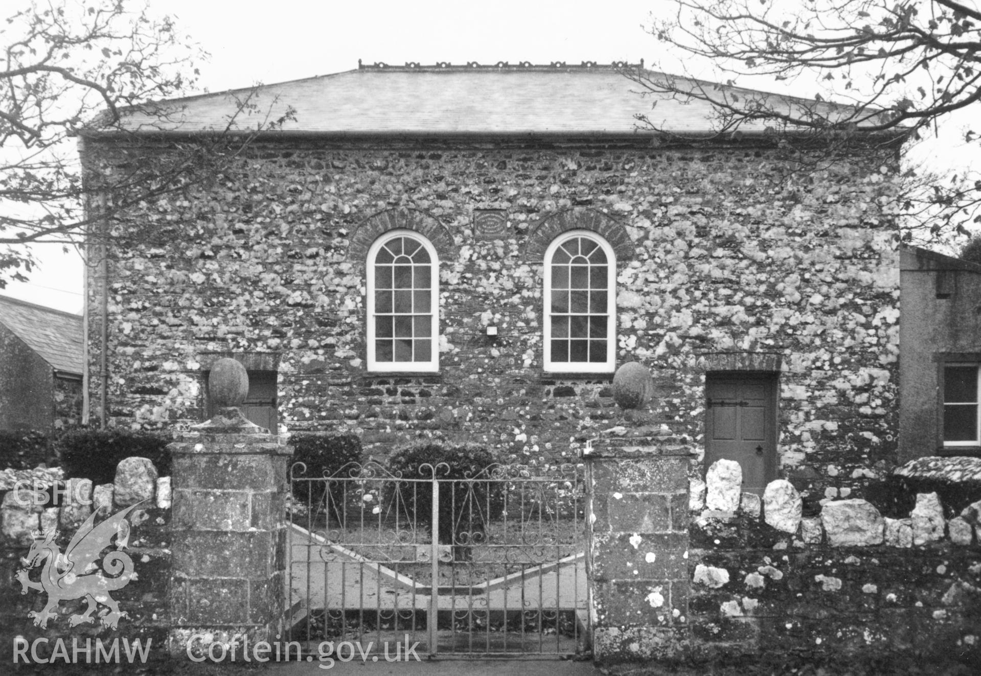 Digital copy of a black and white photograph showing an exterior view of Caerfarchell Calvinistic Mehodist Chapel, St Davids, taken by Robert Scourfield, 1996.