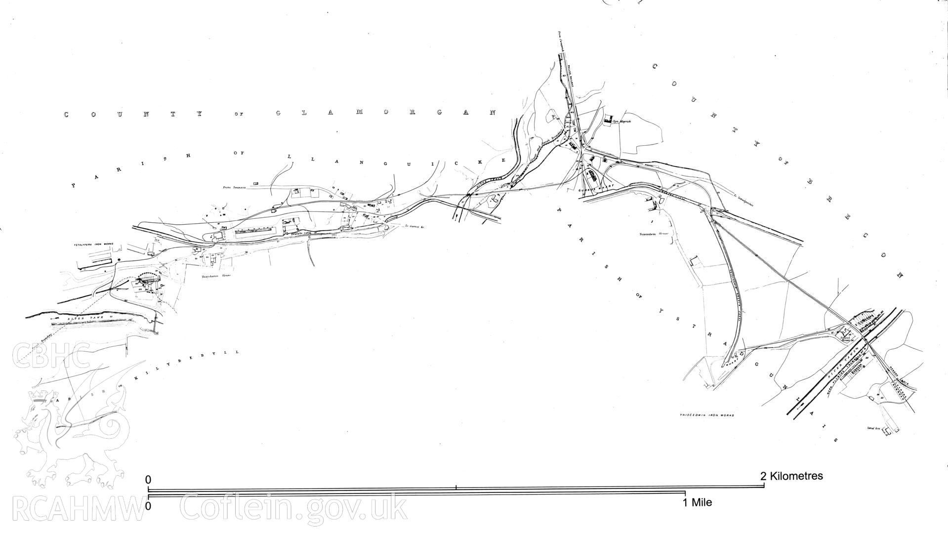 Copy of a map showing the complex of railways and tramroads on the Swansea Valley by 1855, original held in the Breconshire Quarter Sessions Records, Q/RP 57, 1855, National Library of Wales.
