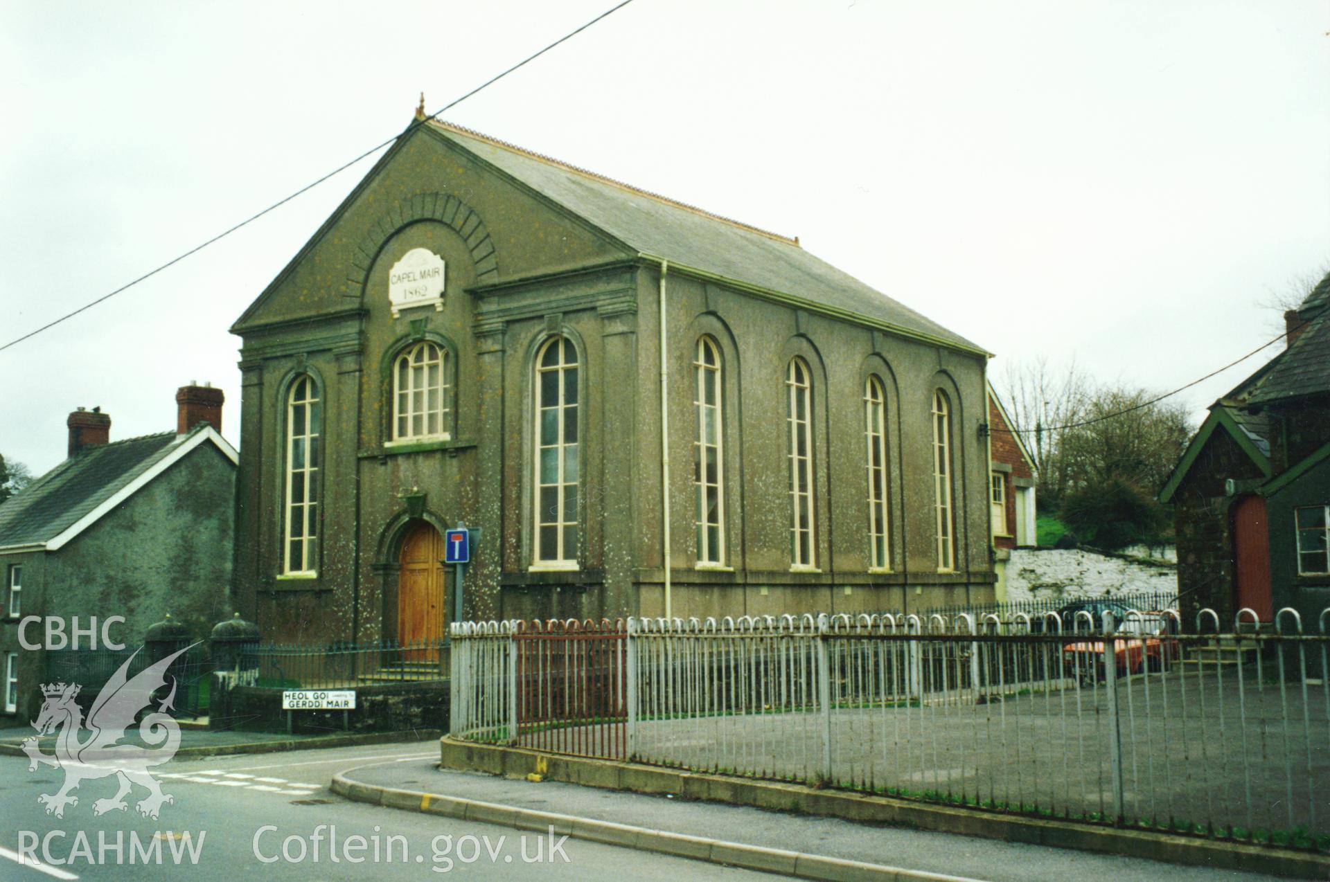 Digital copy of a colour photograph showing an exterior view of Capel Mair Welsh Independent Chapel, St Clears, taken by Robert Scourfield, 1996.