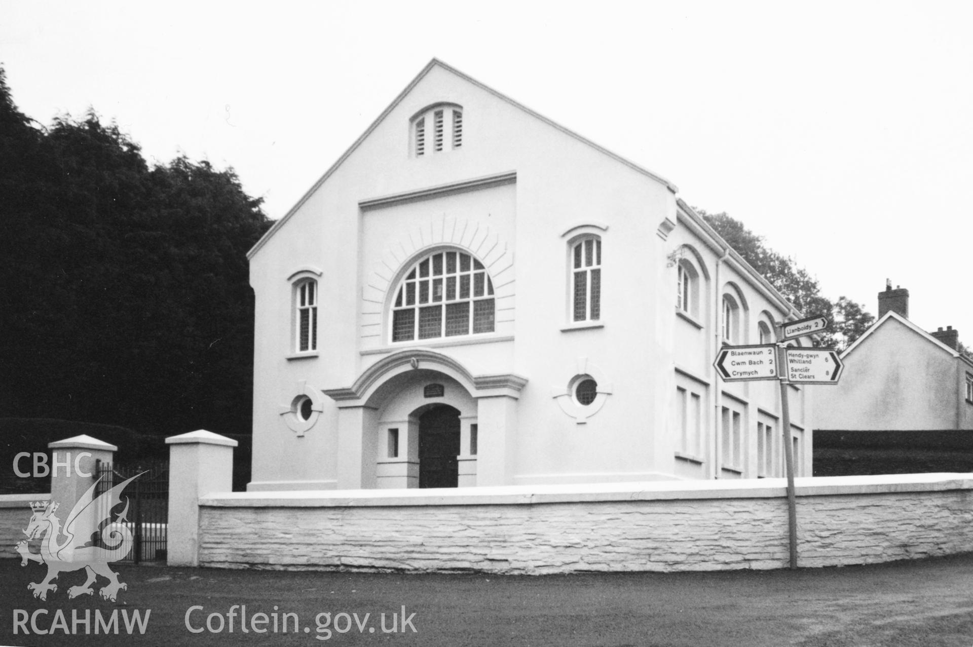 Digital copy of a black and white photograph showing an exterior view of Ramoth Welsh Baptist Chapel, Cwmfelin Mynach, taken by Robert Scourfield, 1996.