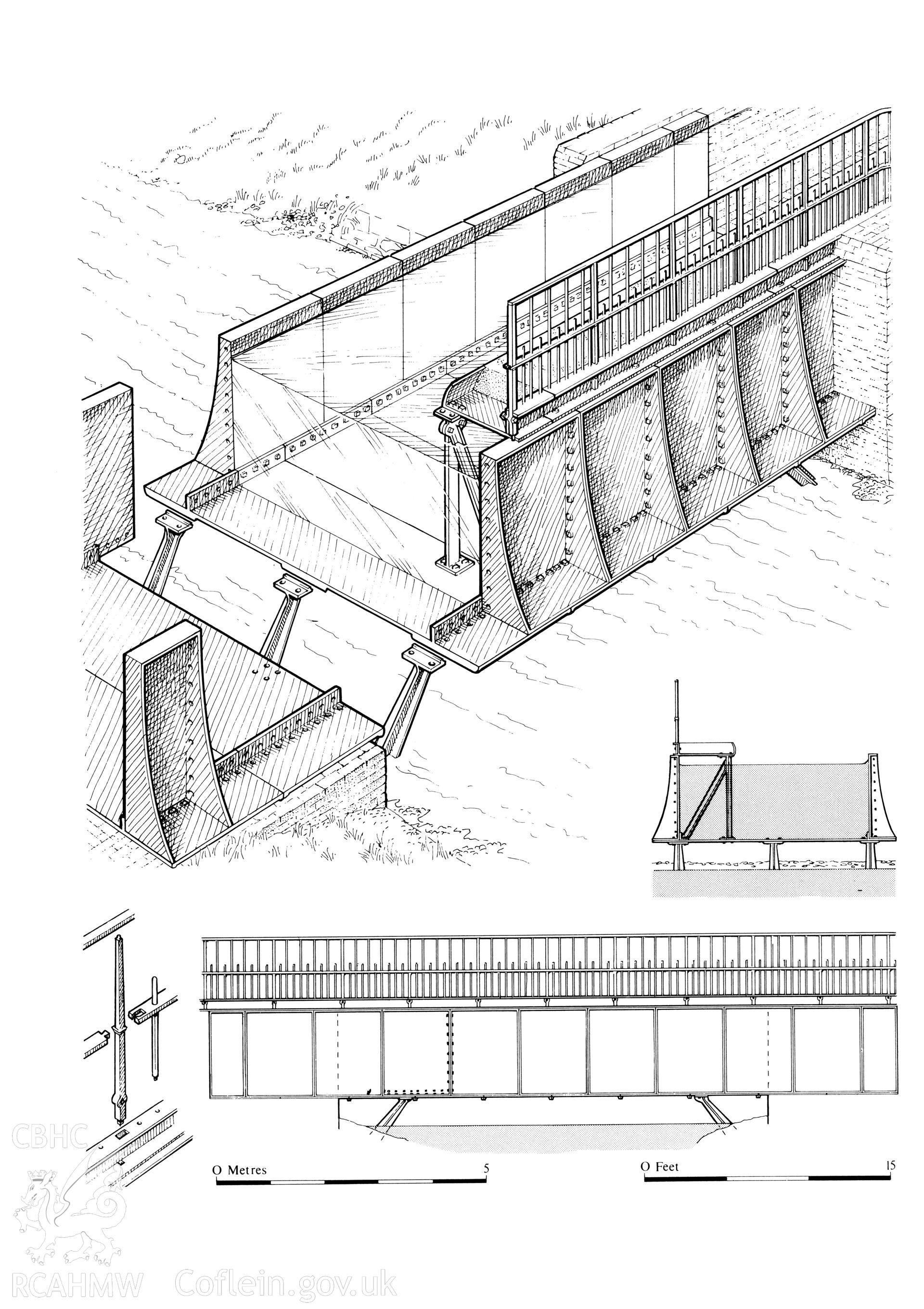 Digitized image of a drawing of Luggy Brook Aqueduct, Brithdir, copied from The Archaeology of the Montgomeryshire Canal by Stephen Hughes 1988.