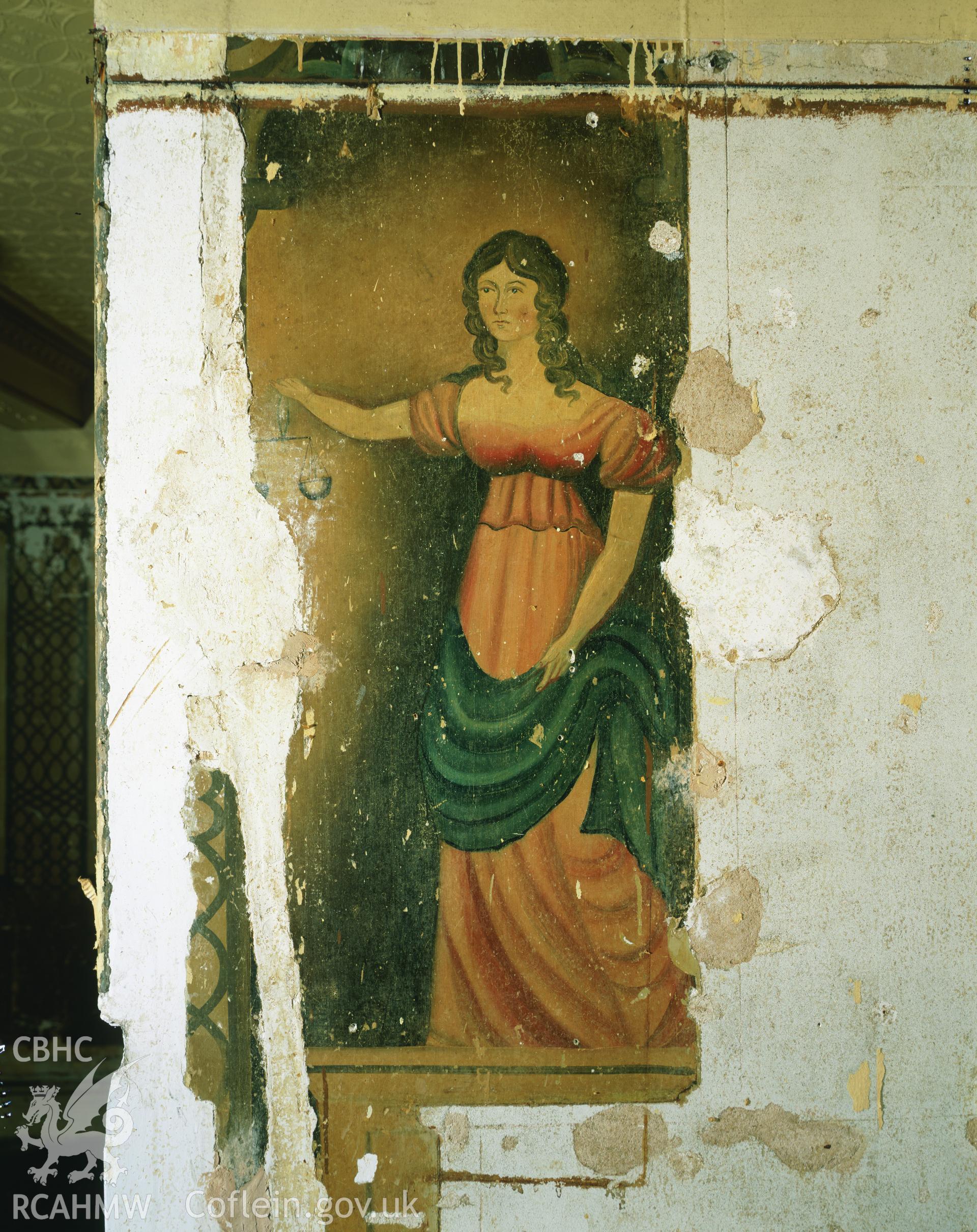 RCAHMW colour transparency showing the portrait of ayoung woman holding scales, at Elwy Bank, St Asaph, photographed by Iain Wright, November 2003.