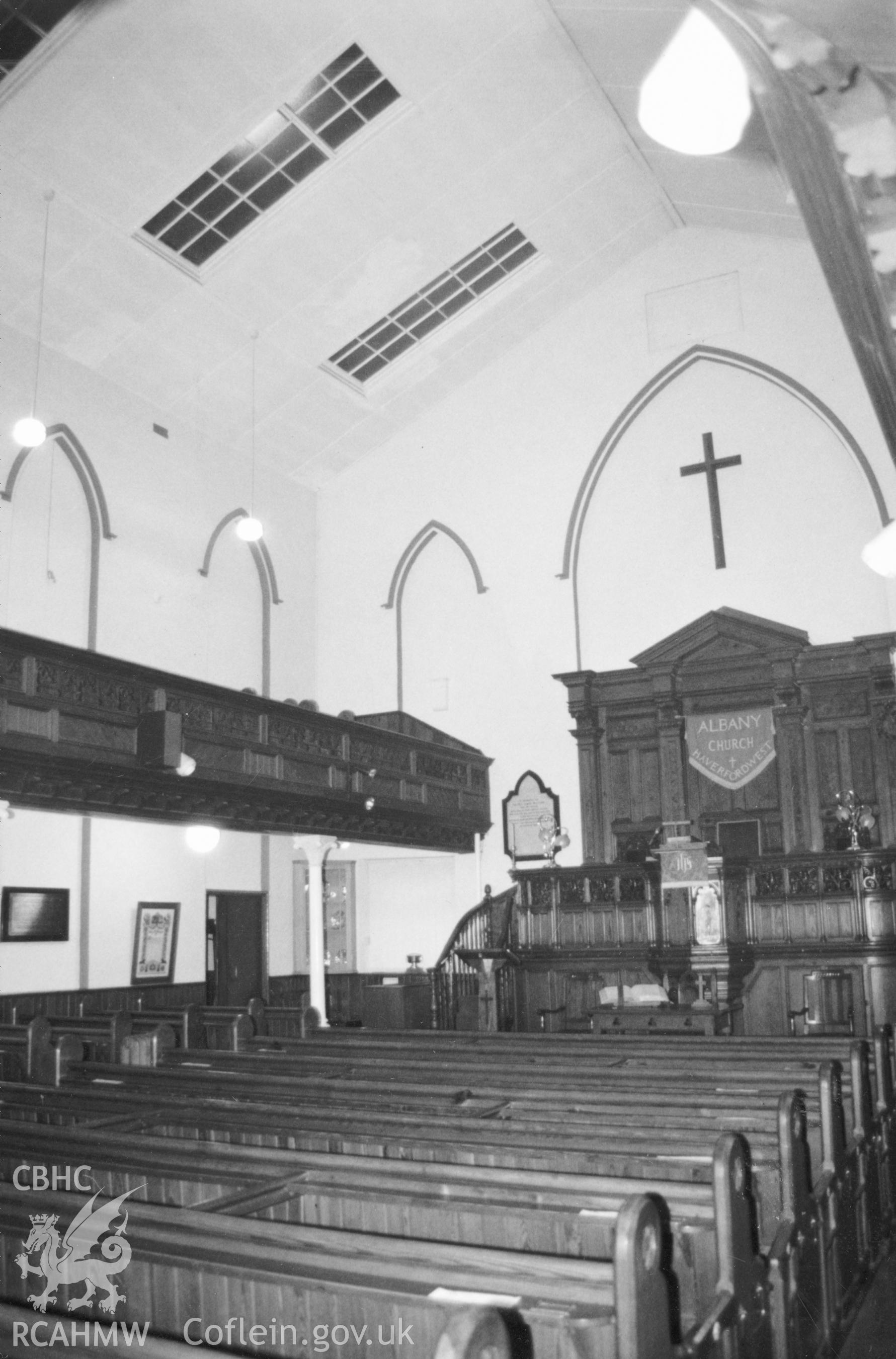 Digital copy of a black and white photograph showing an interior view of Albany Congregational Chapel, Haverfordwest taken by Robert Scourfield, 1996.