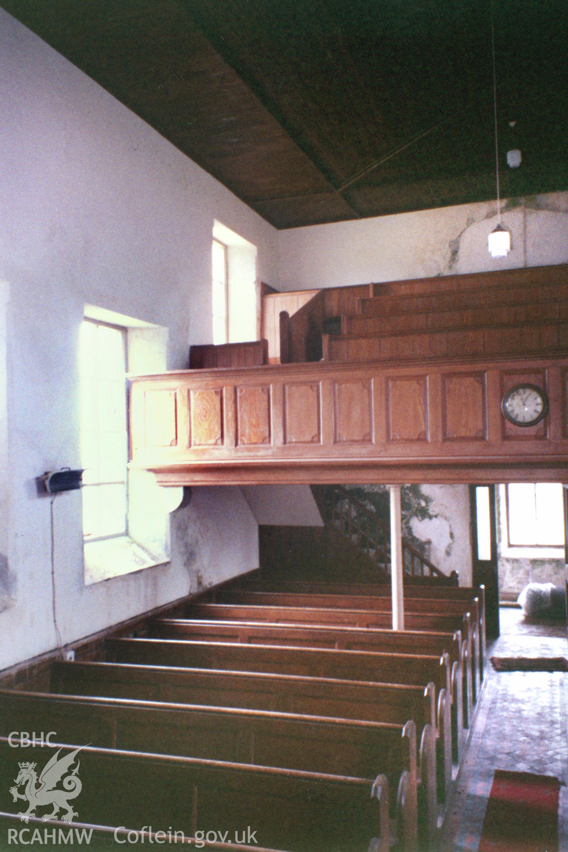 Digital copy of a black and white photograph showing an interior view of Soar Welsh Independent Sunday School, Whitland taken by Robert Scourfield, c.1996.