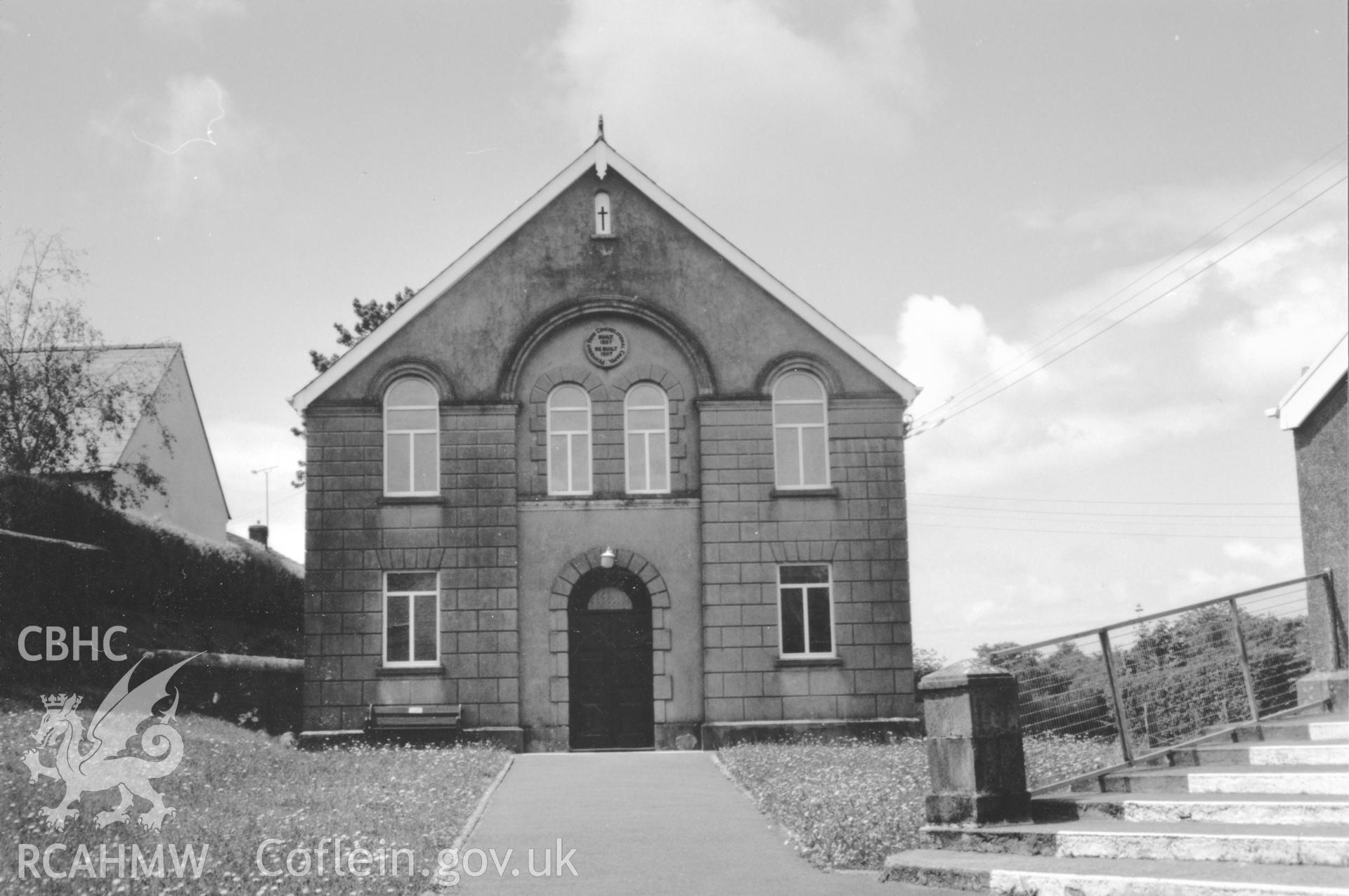 Digital copy of a black and white photograph showing an exterior view of Pen y Bont Welsh Independent Chapel, Ford, taken by Robert Scourfield, c.1996.