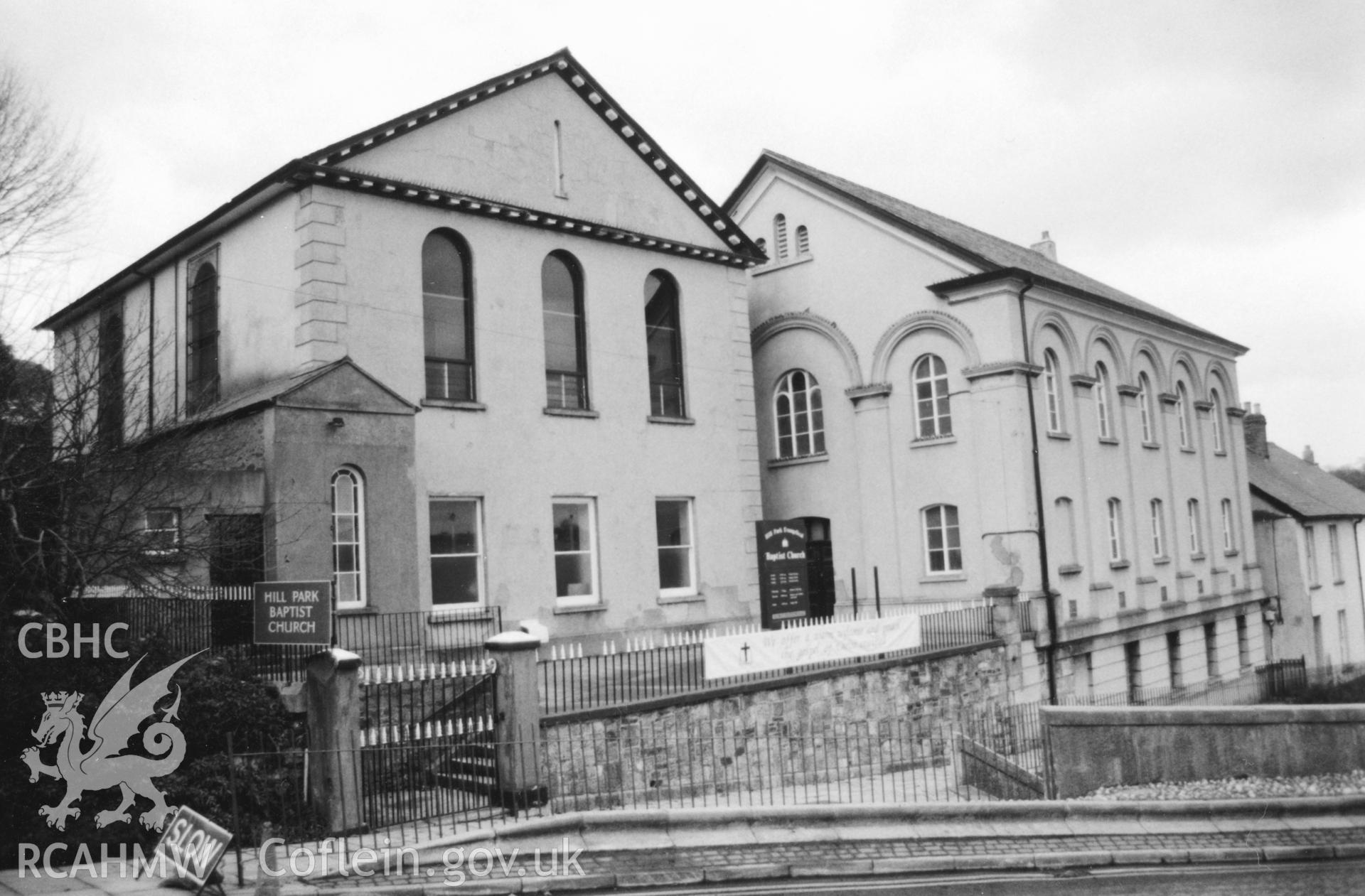 Digital copy of a black and white photograph showing a general view of Hill Park Baptist Chapel, Haverfordwest, taken by Robert Scourfield, 1996.