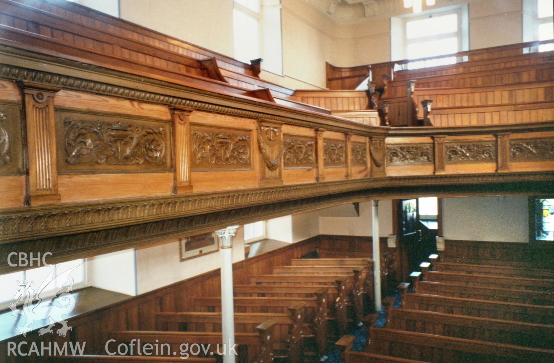 Digital copy of a colour photograph showing an interior view of Tabernacl Welsh Independent Chapel,  Upper Fishguard, taken by Robert Scourfield, c.1996.