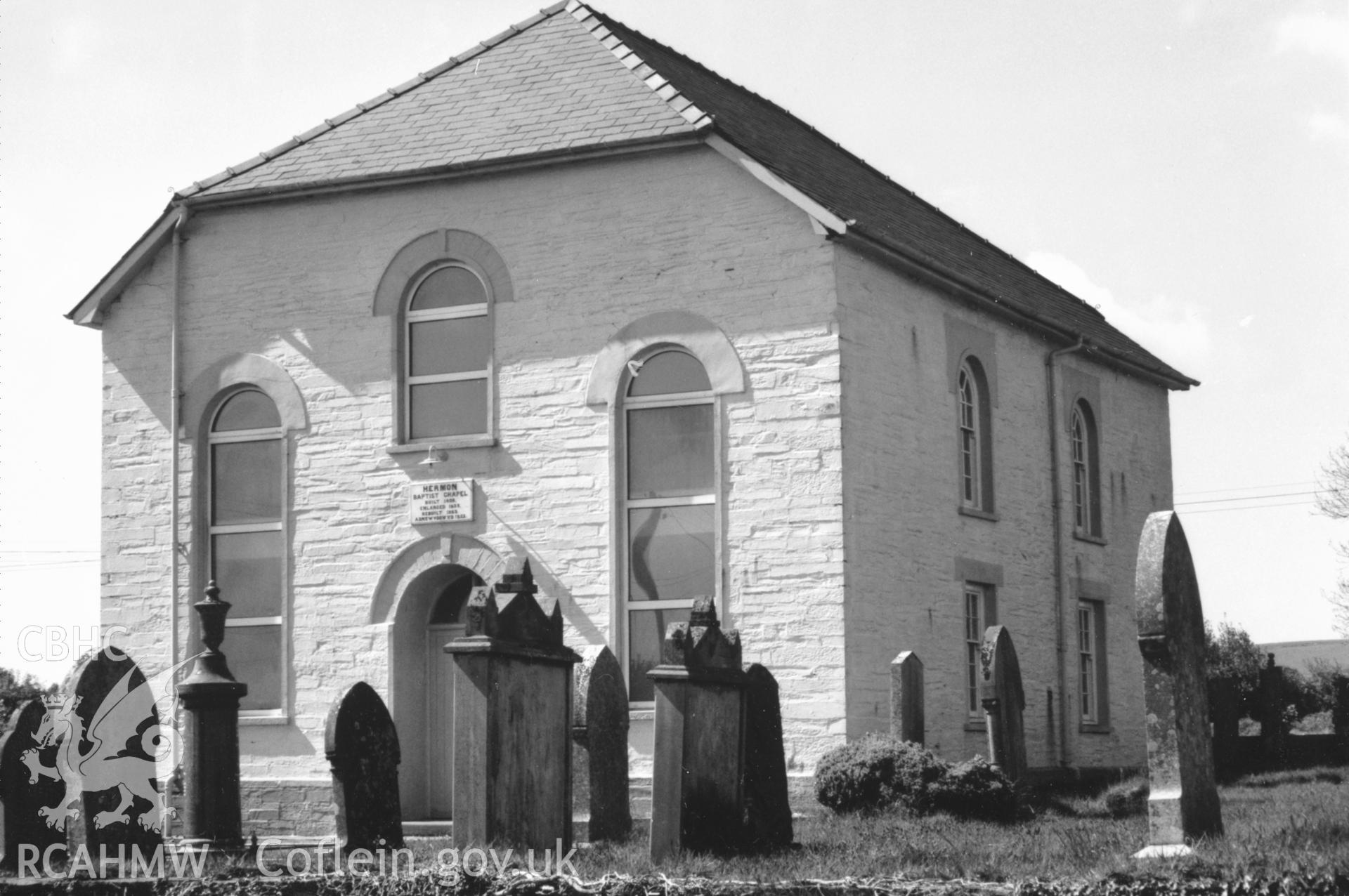 Digital copy of a black and white photograph showing a view of Hermon Welsh Baptist Chapel,  taken by Robert Scourfield, c.1996.