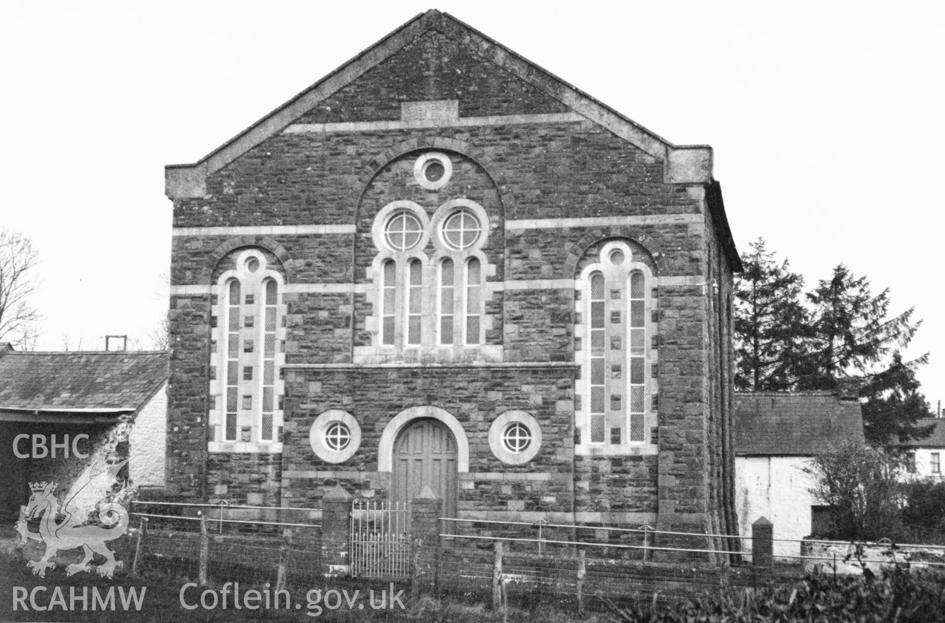Digital copy of a black and white photograph showing an exterior view of Ebeneser Welsh Independent Chapel, Llansadwrn, taken by Robert Scourfield, 1996.