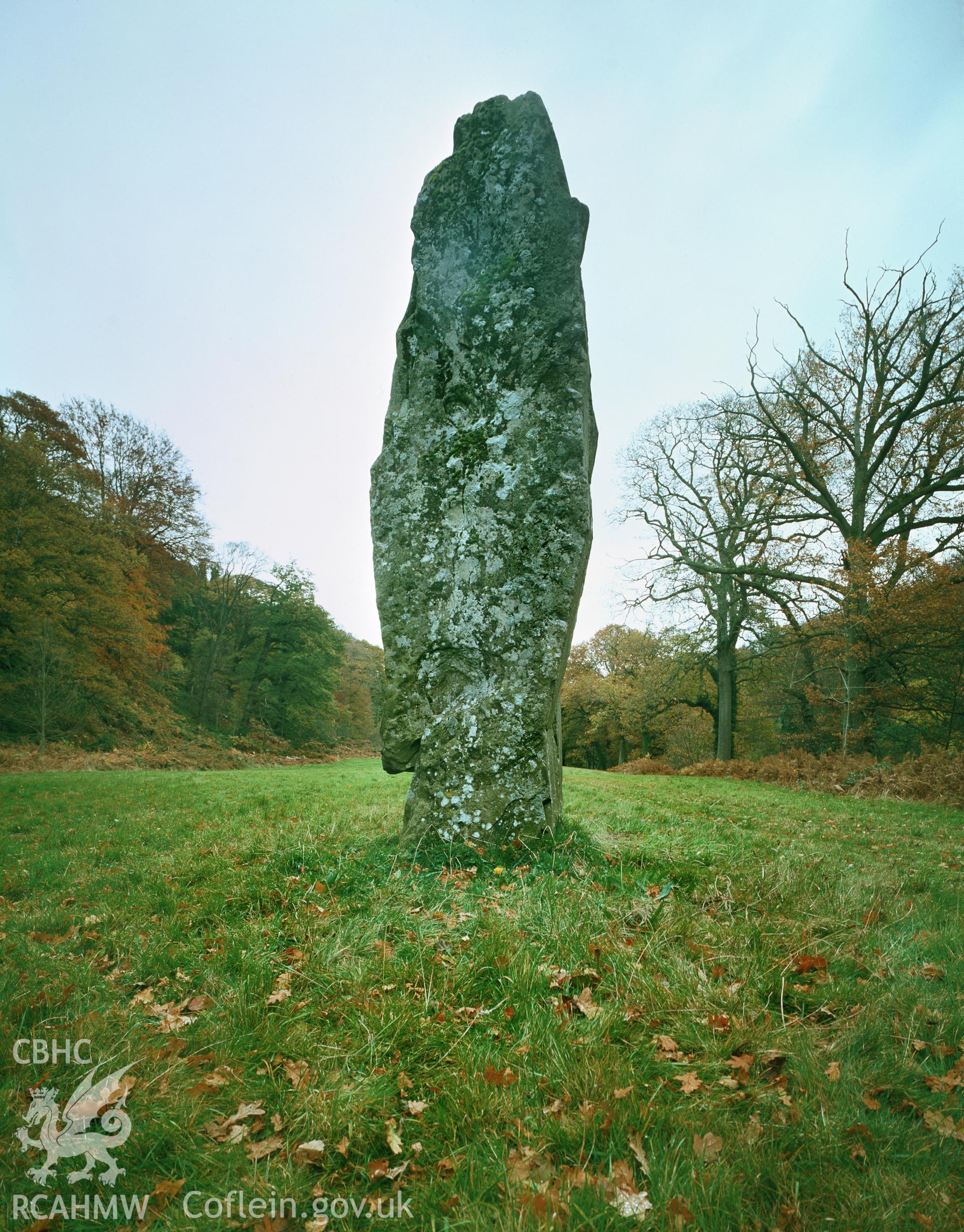 RCAHMW colour transparency of a view of the standing stone at Glanusk.