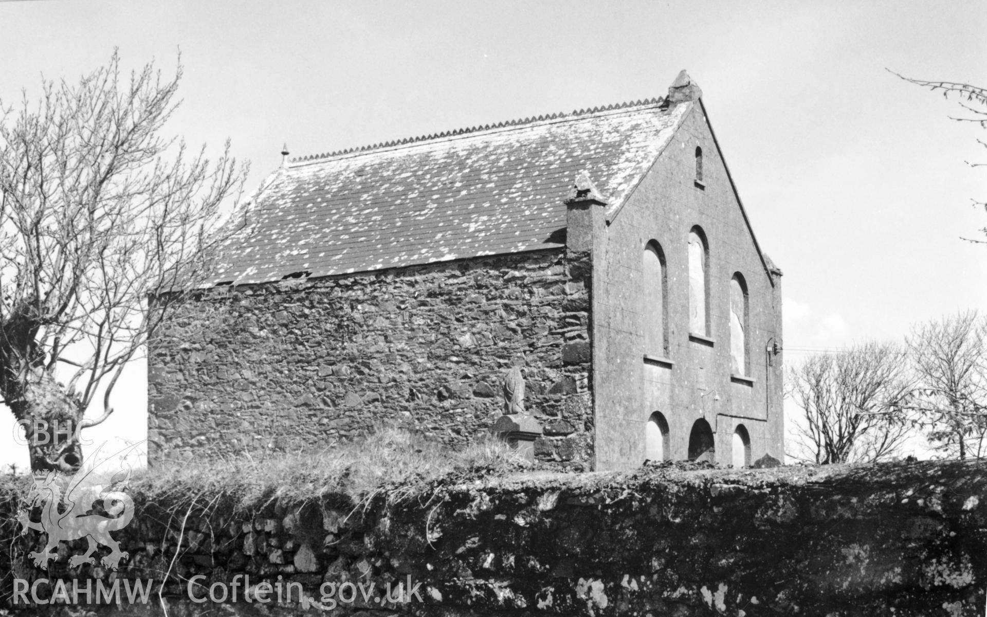 Digital copy of a black and white photograph showing an exterior view of Bethel Baptist Chapel, Treteio taken by Robert Scourfield, c.1996.