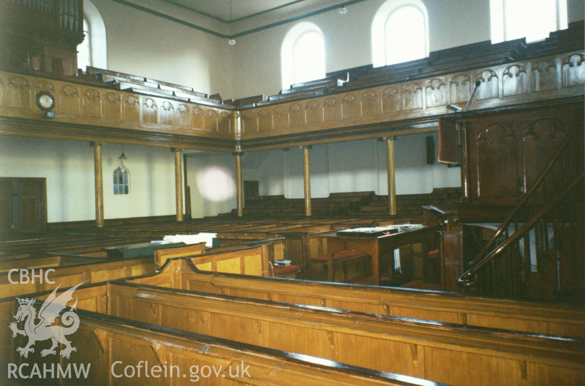 Digital copy of a colour photograph showing an interior view of Heol Awst Welsh Independent Chapel, Lammas Street, Carmarthen, taken by Robert Scourfield, 1996.