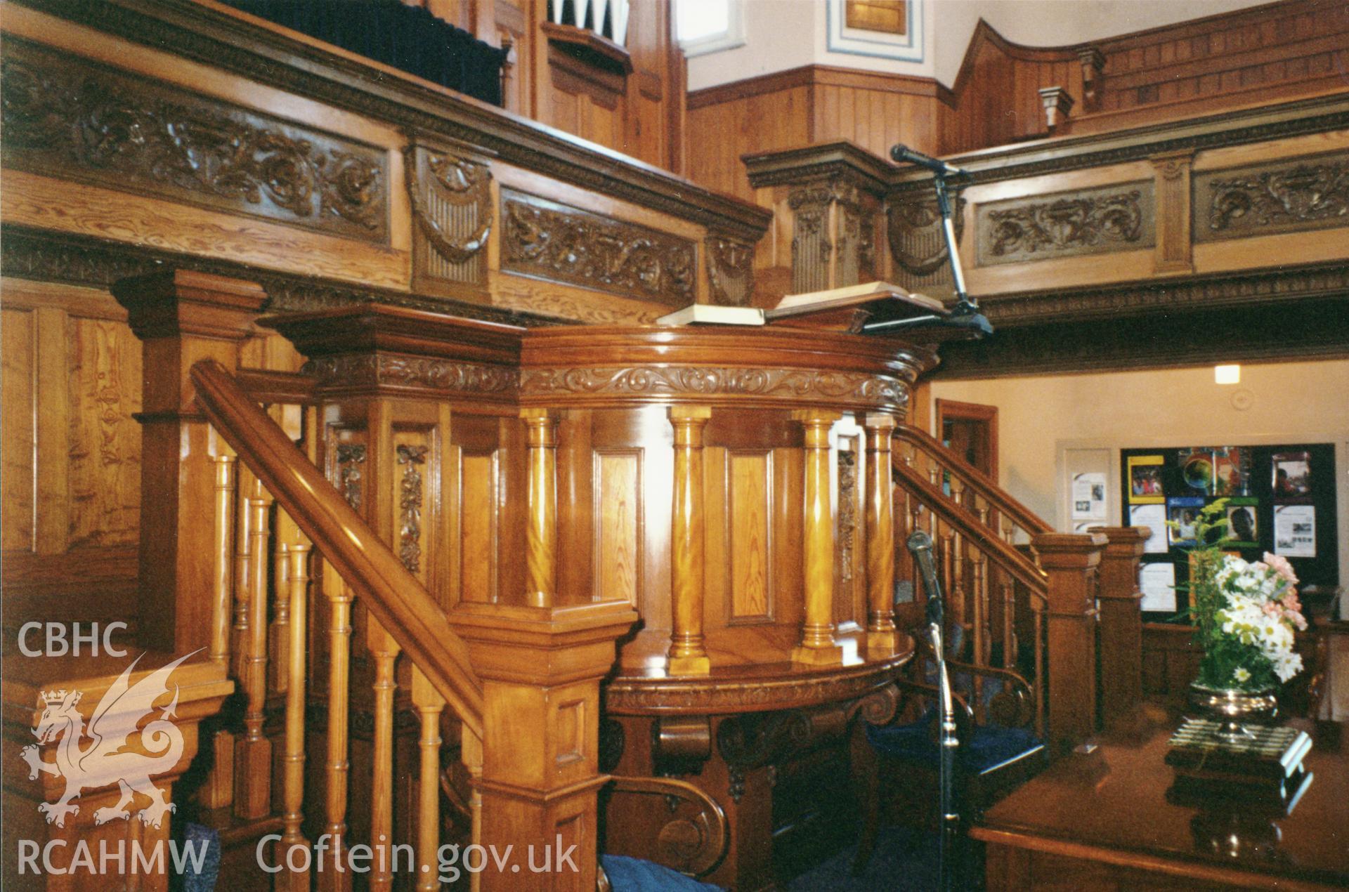 Digital copy of a colour photograph showing an interior view of Tabernacl Welsh Independent Chapel,  Upper Fishguard, taken by Robert Scourfield, c.1996.