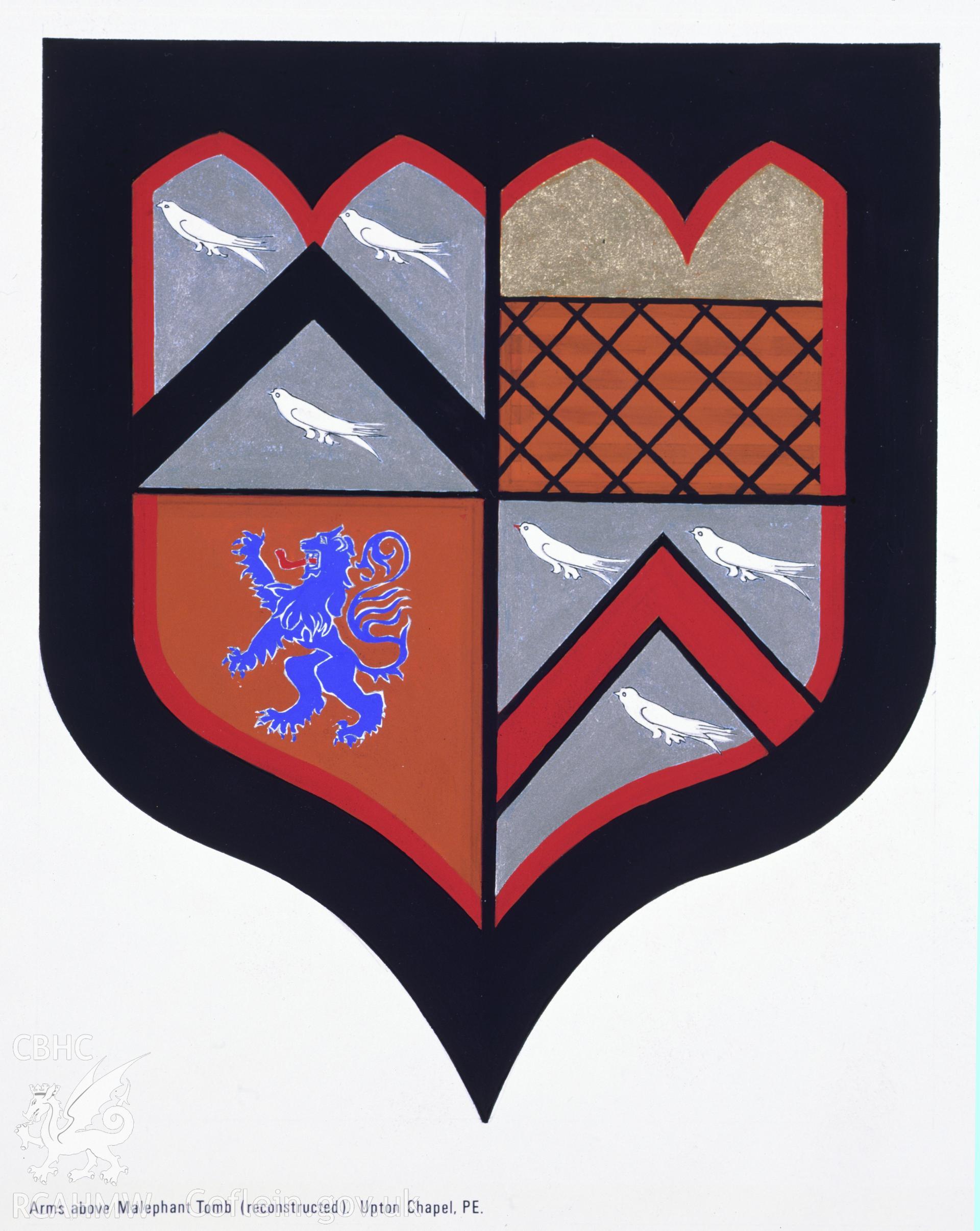 RCAHMW colour transparency of artwork by Dylan Roberts, showing coat of arms at Upton Chapel.