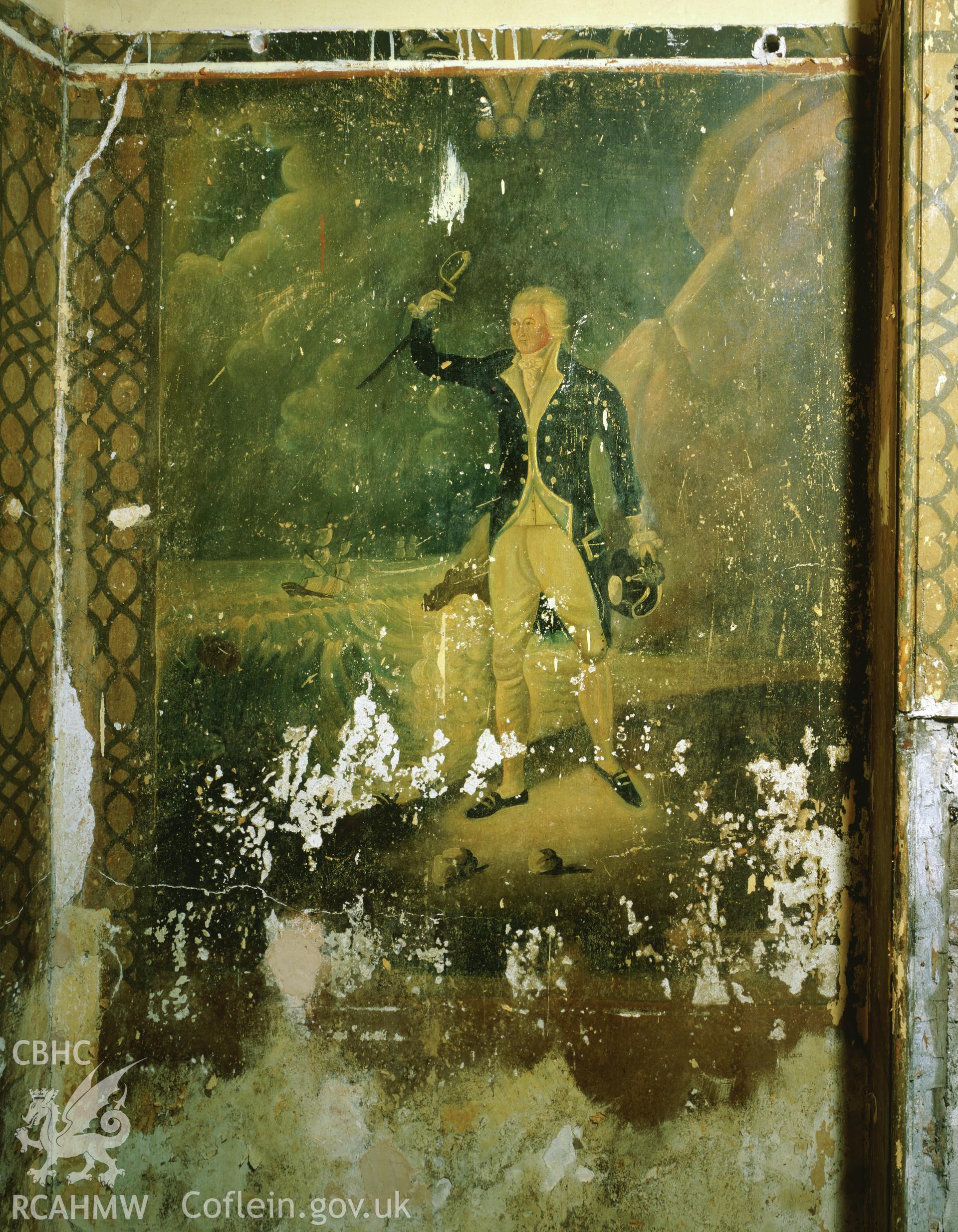 RCAHMW colour transparency showing naval officer in a coastal landscape wallpainting, at Elwy Bank, St Asaph, photographed by Iain Wright, November 2003.