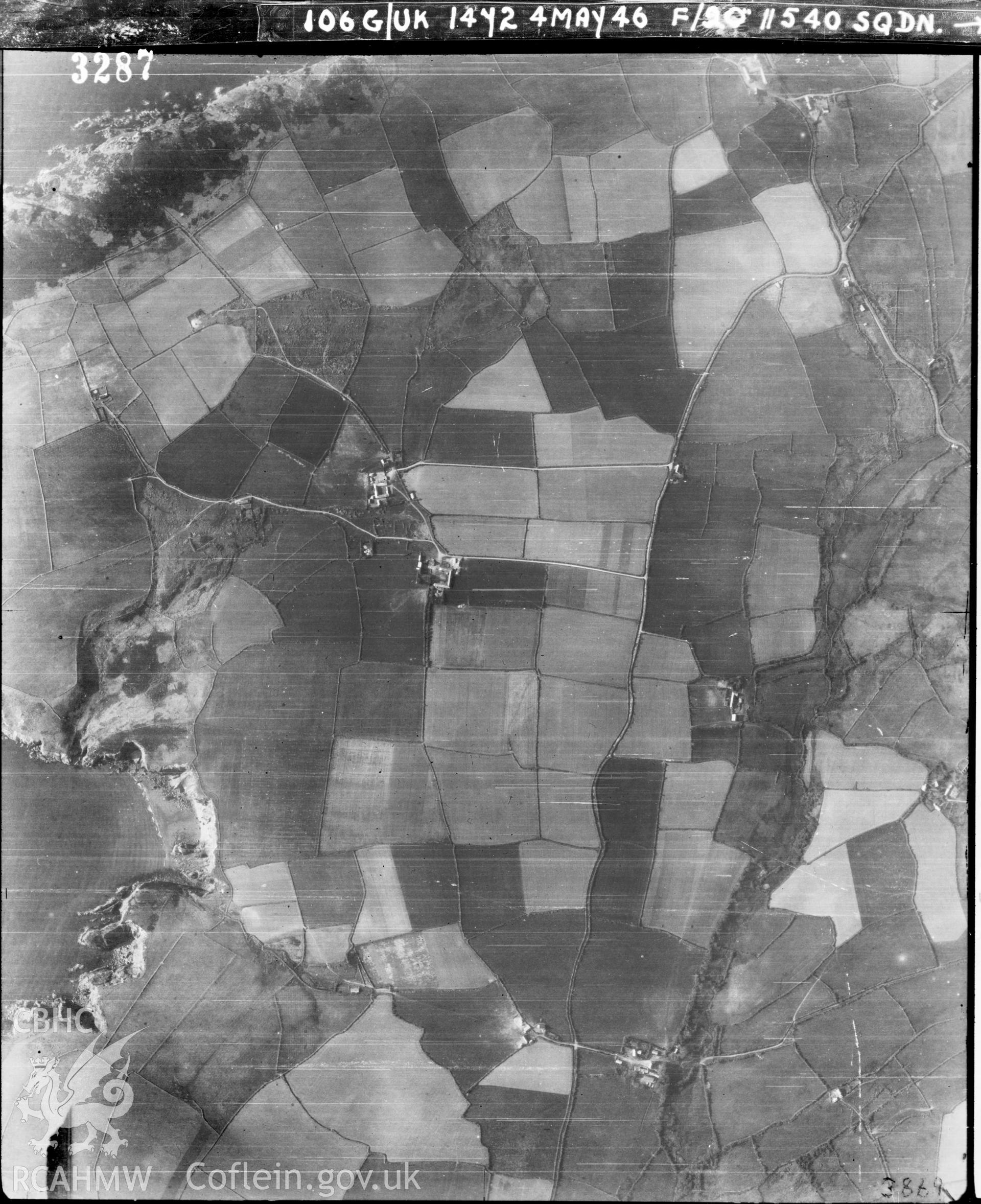 Black and white vertical aerial photograph taken by the RAF on 04/05/1946 centred on SM88623670 at a scale of 1:10000. The photograph includes part of Pencaer community in Pembrokeshire.