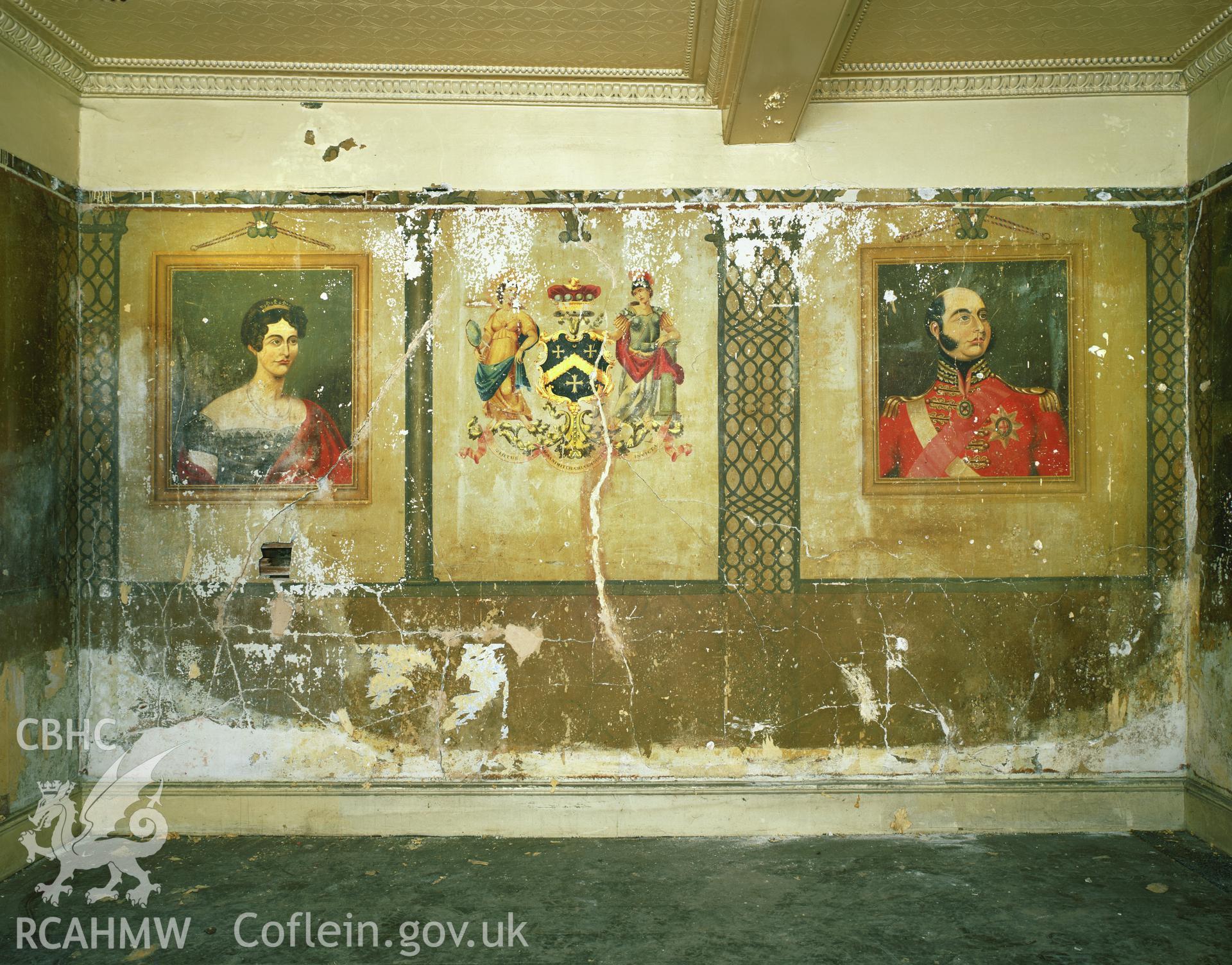 RCAHMW colour transparency showing the coat of arms and a hanging portrait at Elwy Bank, St Asaph, photographed by Iain Wright, November 2003.