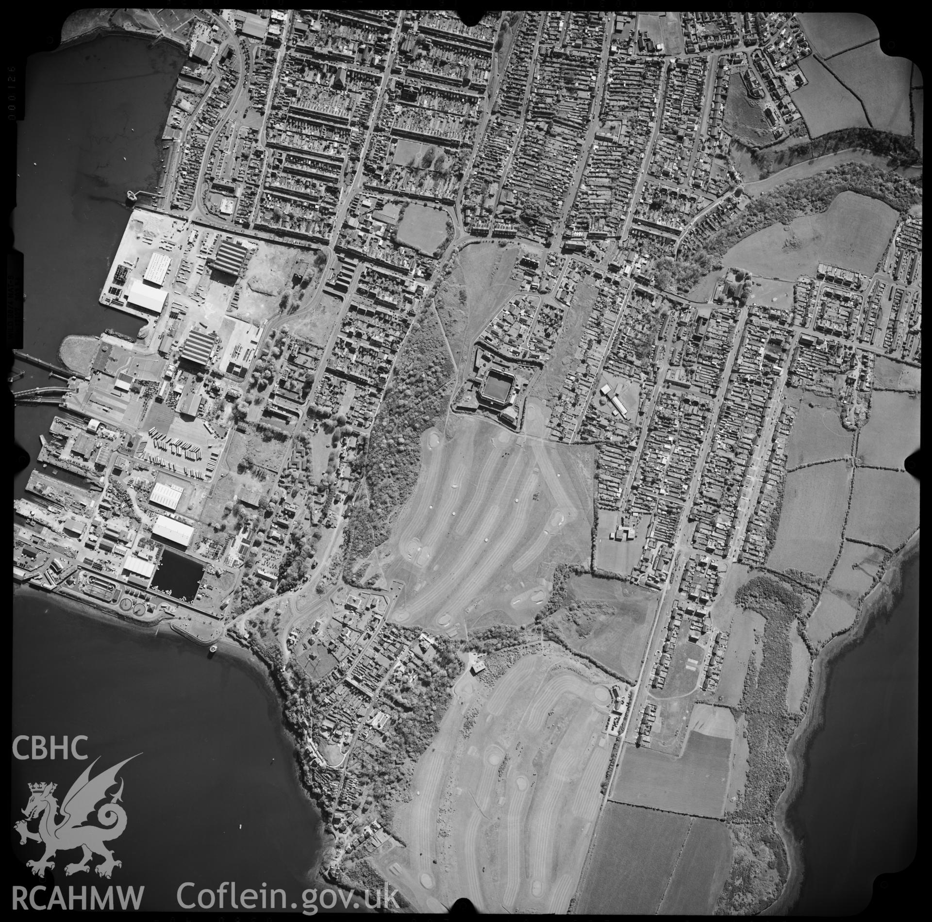 Digitized copy of an aerial photograph showing part of Pembroke Dock, with Barrack Hill Defenceable Barracks, taken by Ordnance Survey, 8th August 2001.