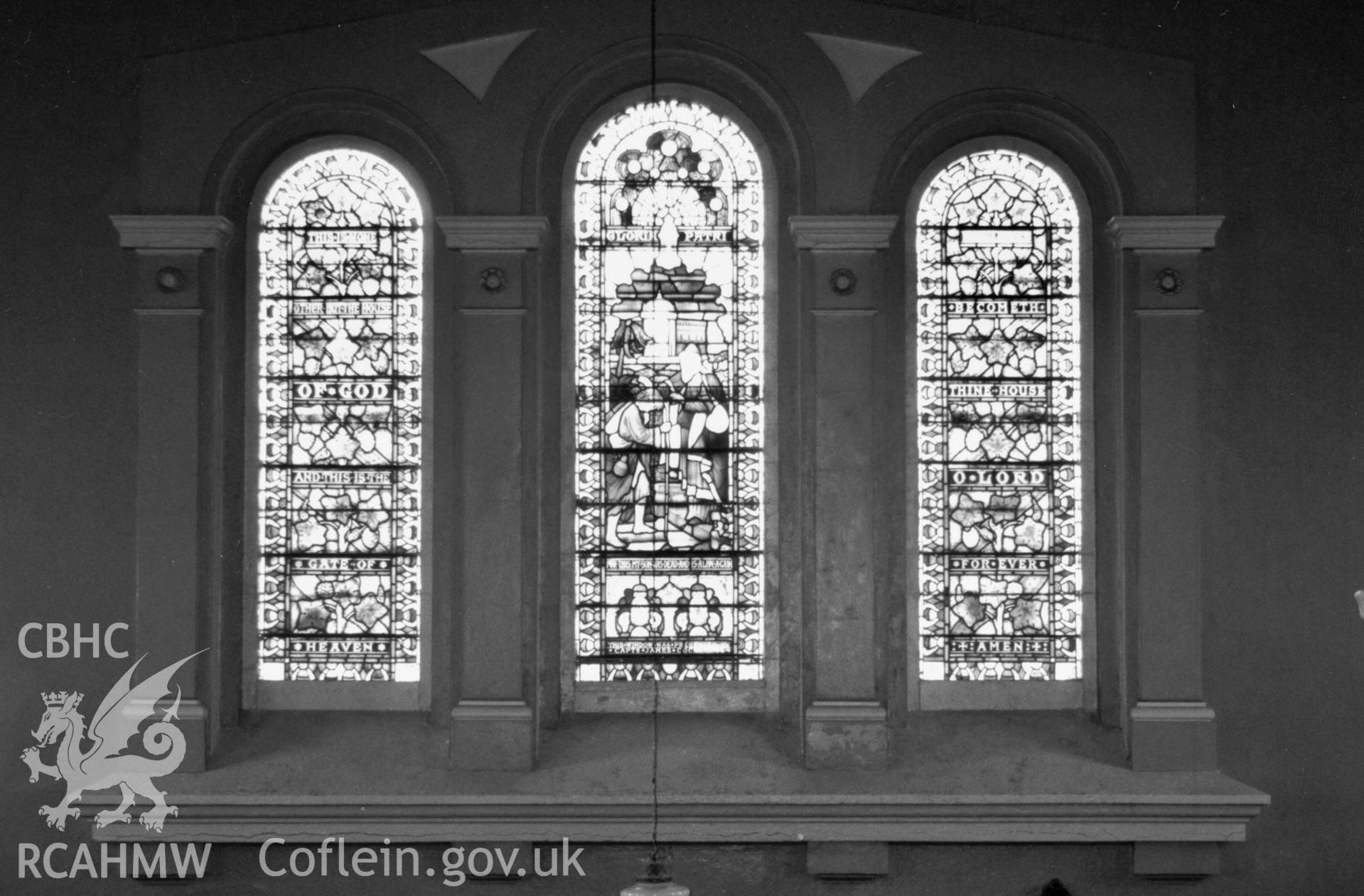 Digital copy of a black and white photograph showing an interior view of St Andrew's English Presbyterian Church, Pembroke Dock, taken by Robert Scourfield, c.1996.