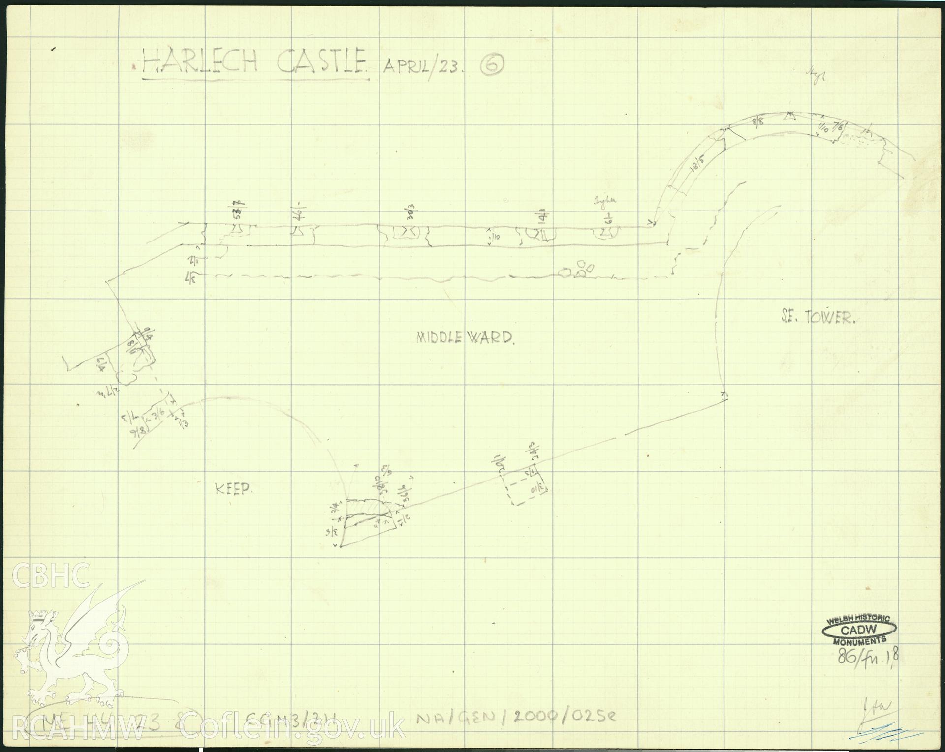Cadw guardianship monument drawing of Harlech Castle. 6.Middle ward,Gatehouse to SE tower. Cadw Ref:86/fn.18.