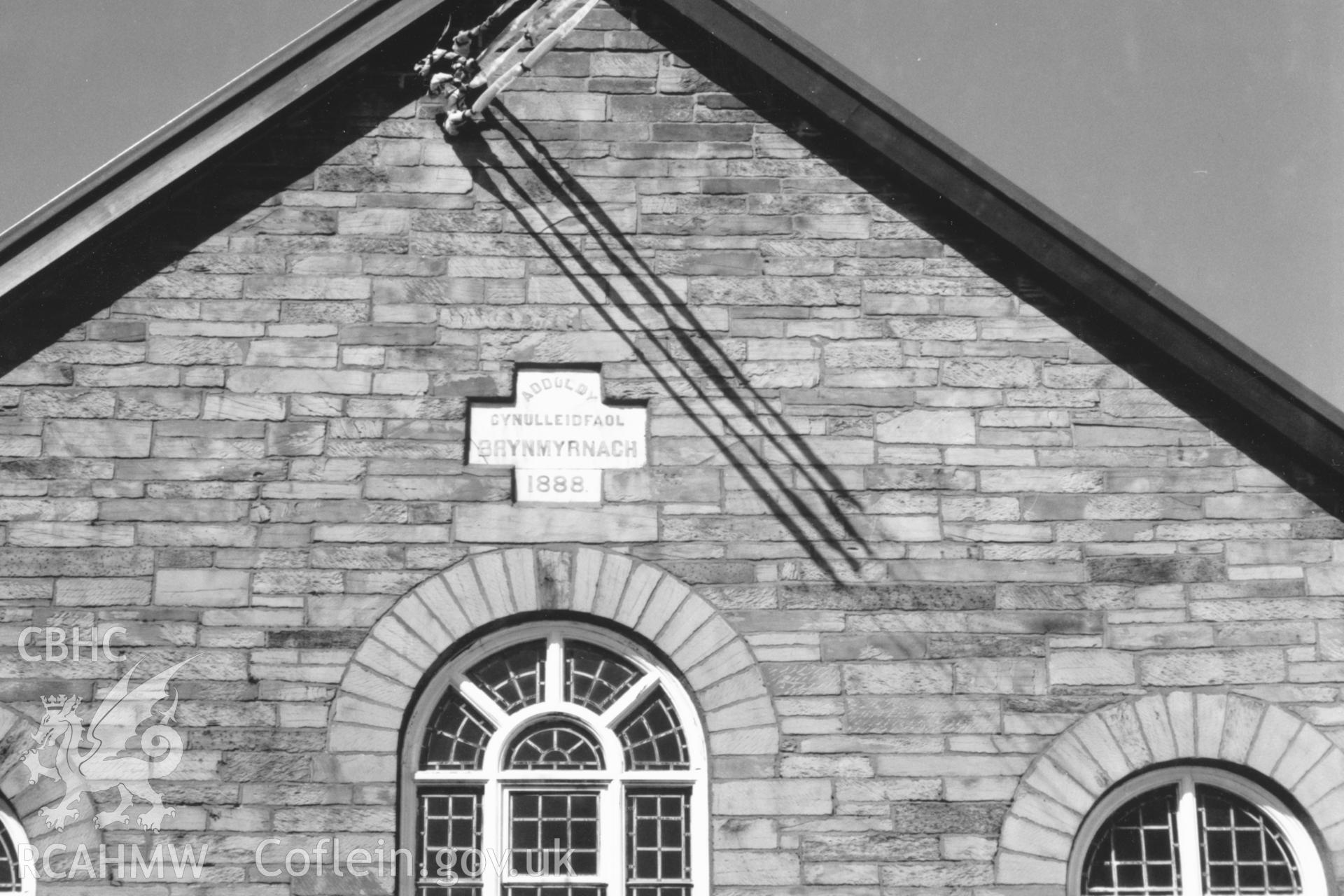 Digital copy of a black and white photograph showing a view of the datestone at Brynmyrnach Welsh Independent Chapel, Hermon, taken by Robert Scourfield, c.1996.