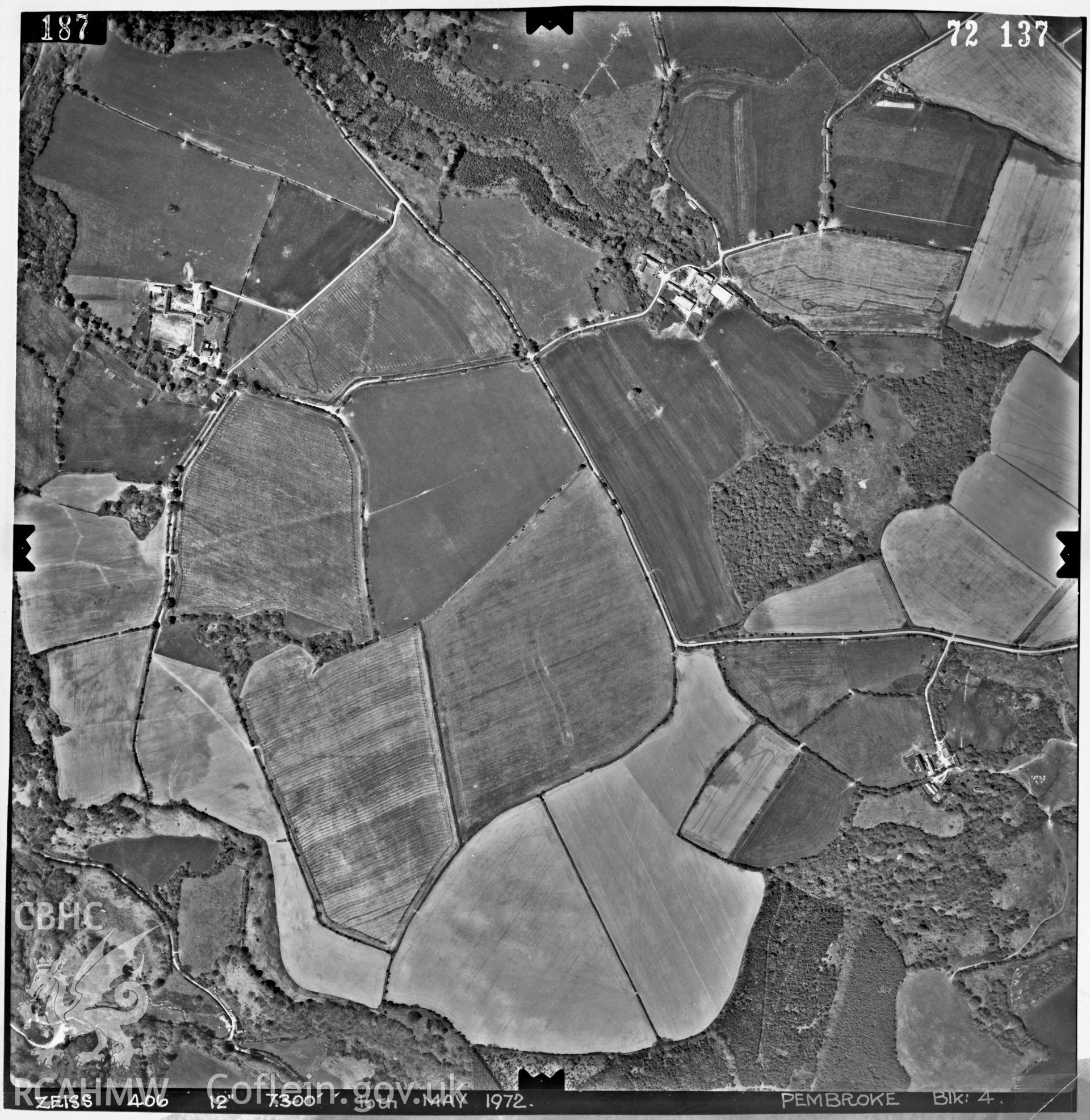 Digitized copy of an aerial photograph showing area to the north-east of Felindre Farchog, Pembrokeshire, taken by Ordnance Survey, 1972.