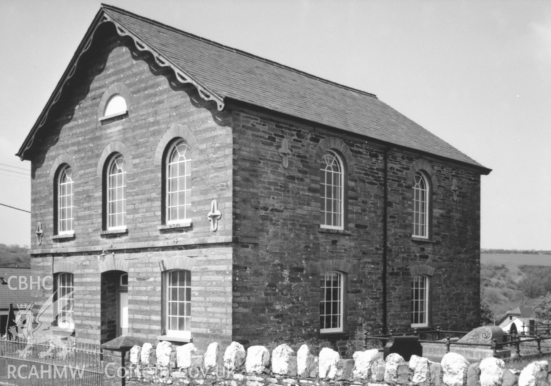 Digital copy of a black and white photograph showing a view of Penybryn Welsh Baptist Chapel, taken by Robert Scourfield, c.1996.