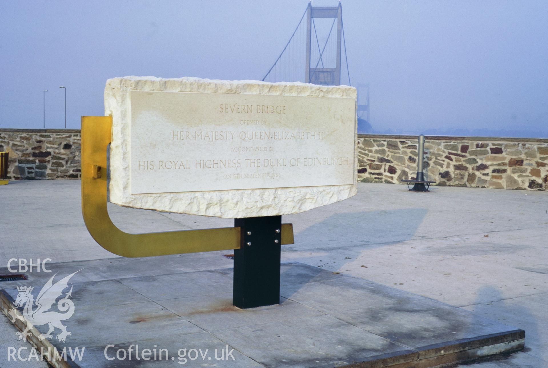Colour 35mm slide of The Severn Bridge Stone Tablet, by Dylan Roberts.