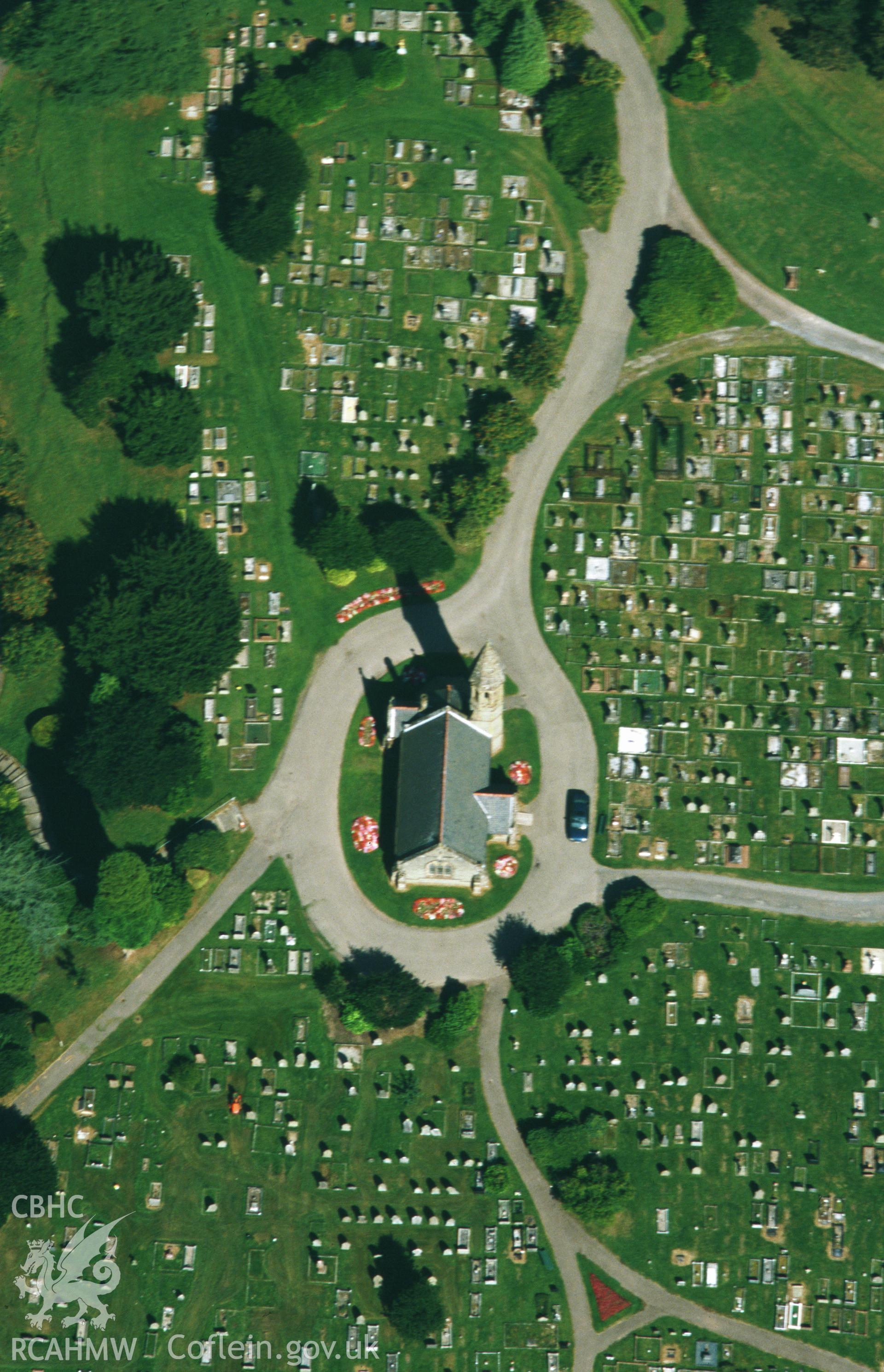 Slide of RCAHMW colour oblique aerial photograph of Mortuary Chapel, New Cemetery, Abergavenny, taken by Toby Driver, 2003.