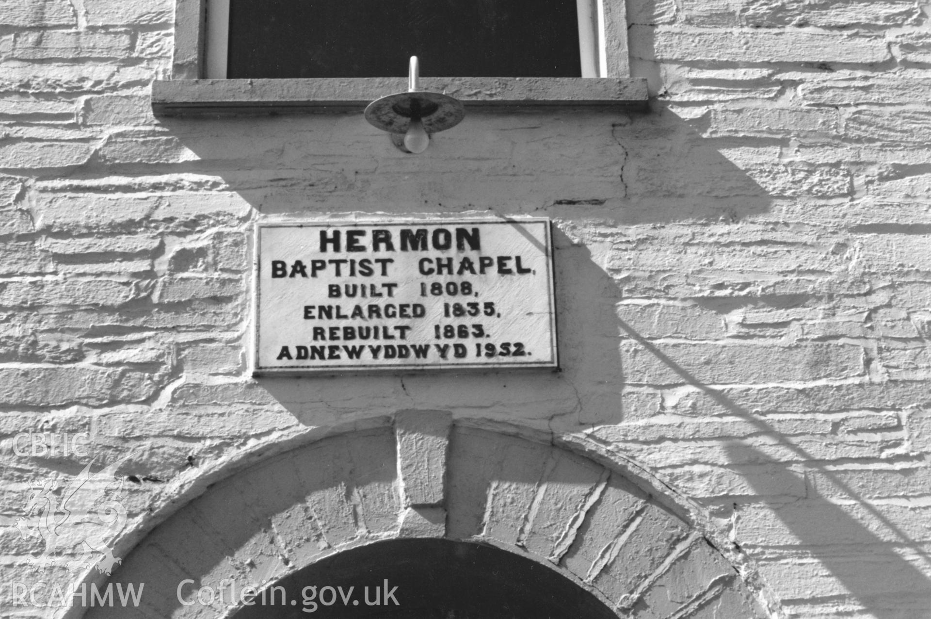 Digital copy of a black and white photograph showing datestone at Hermon Welsh Baptist Chapel, taken by Robert Scourfield, c.1996.