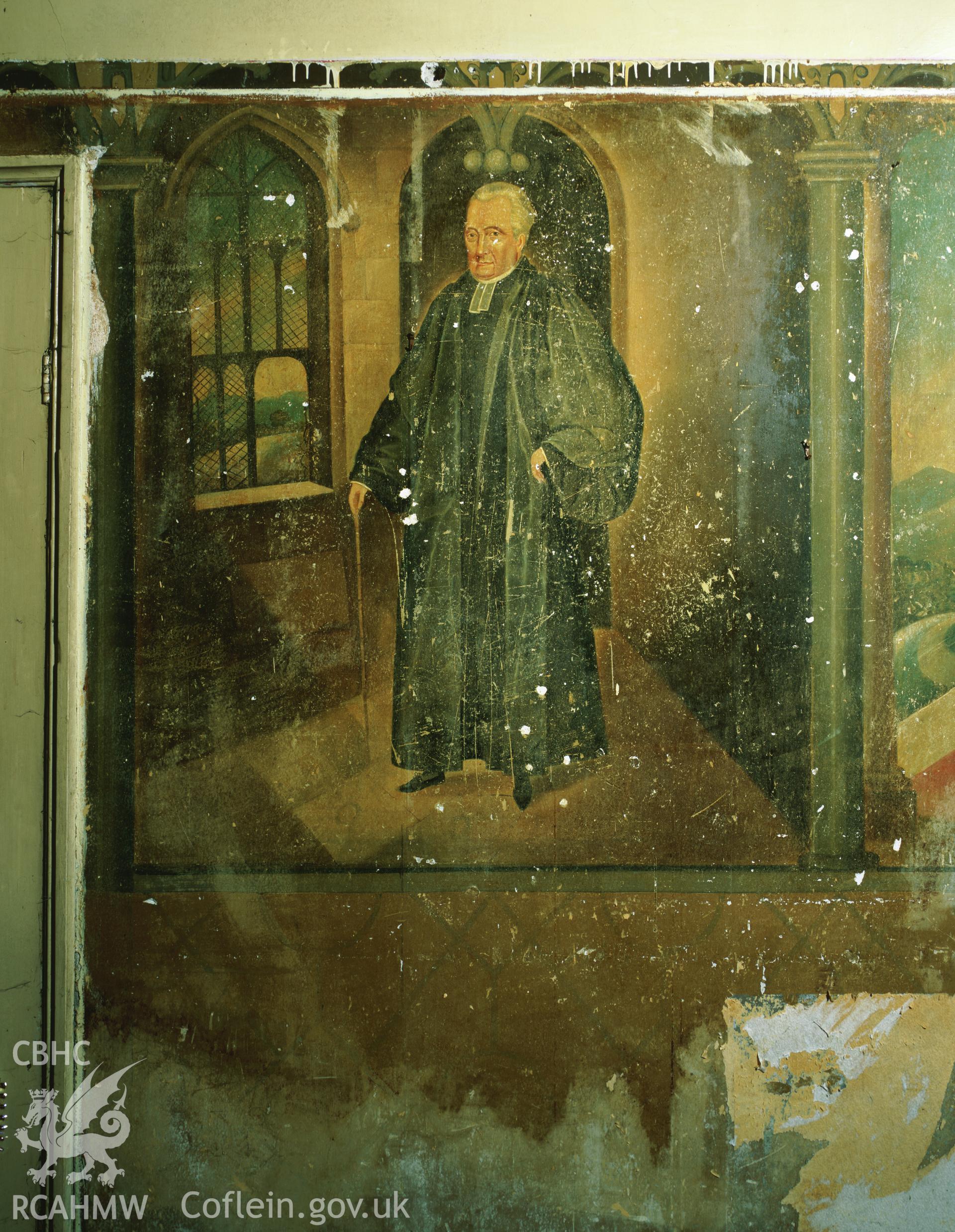 RCAHMW colour transparency showing clergyman wallpainting, at Elwy Bank, St Asaph, photographed by Iain Wright, November 2003.