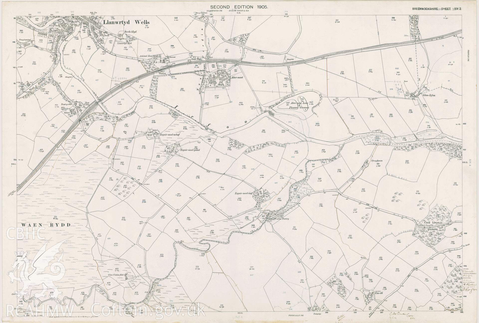 Digitized copy of Ordnance Survey 25 inch coloured map of Llanwrtyd Wells area 1905. Original size.