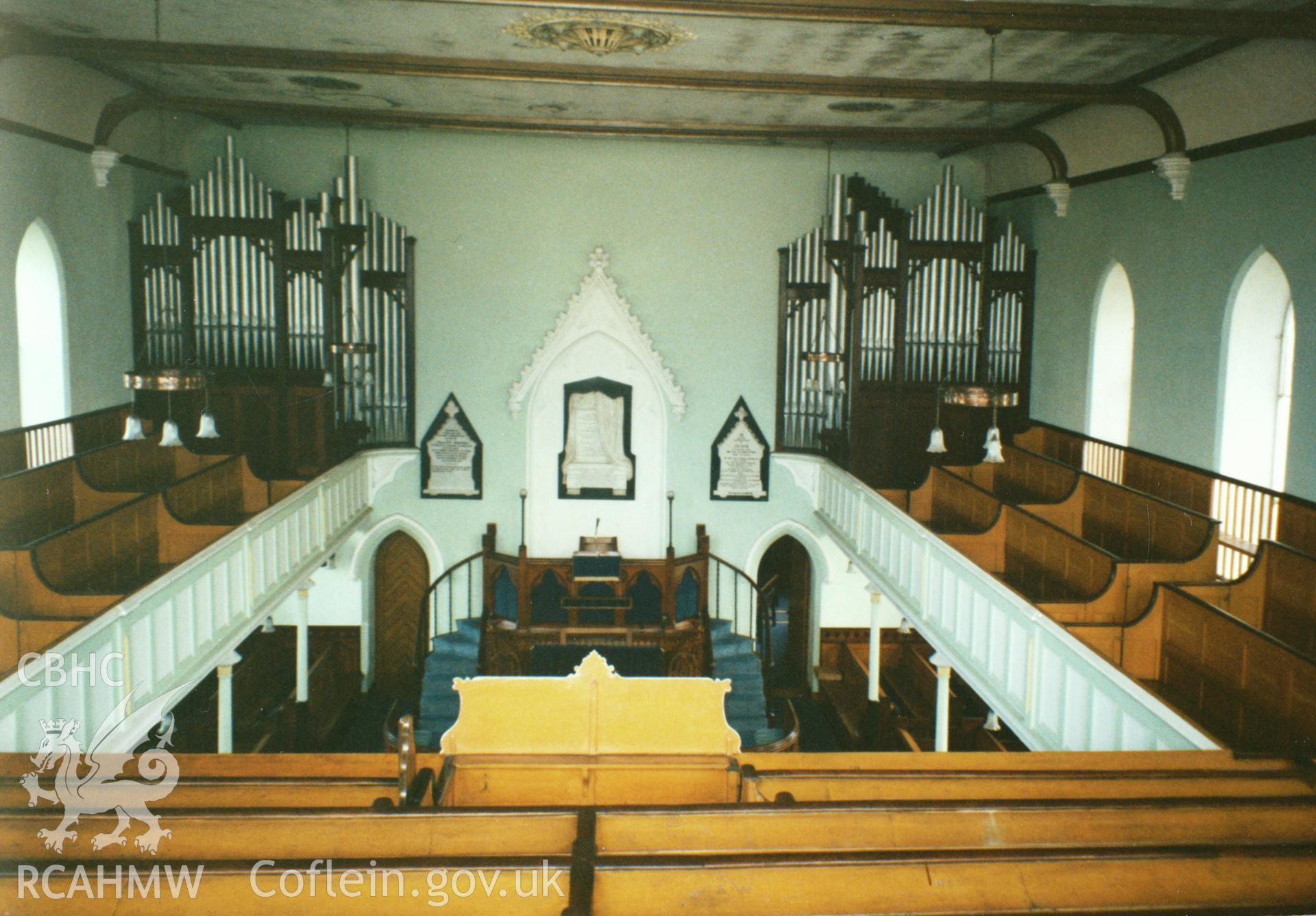 Digital copy of a colour photograph showing an interior view of Welsh Independent Chapel, Union Street, Carmarthen, taken by Robert Scourfield, 1996.