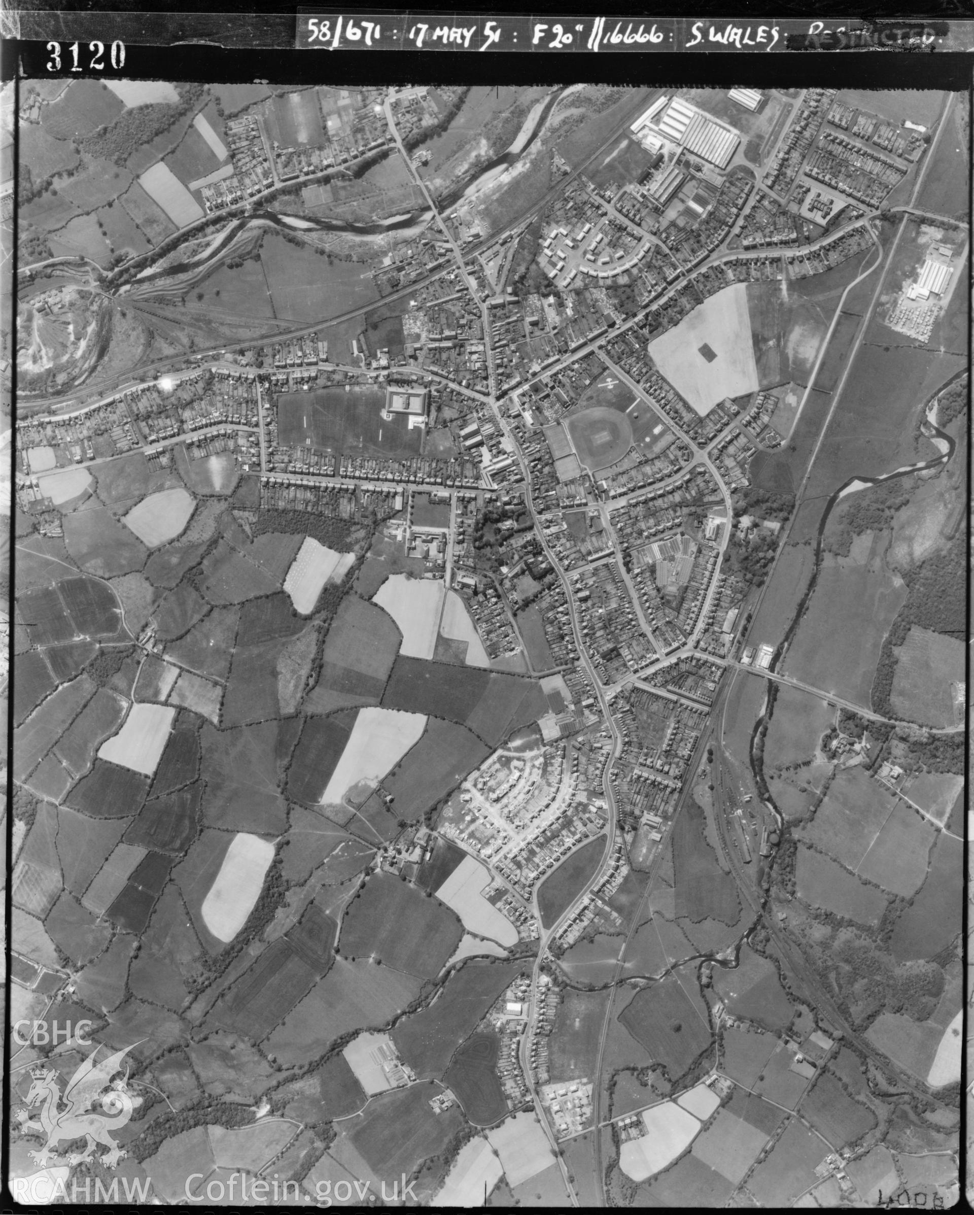 Black and white vertical aerial photograph taken by the RAF on 17/05/1951 centred on SN62991283 at a scale of 1:10000. The photograph includes part of Ammanford community in Carmarthenshire.