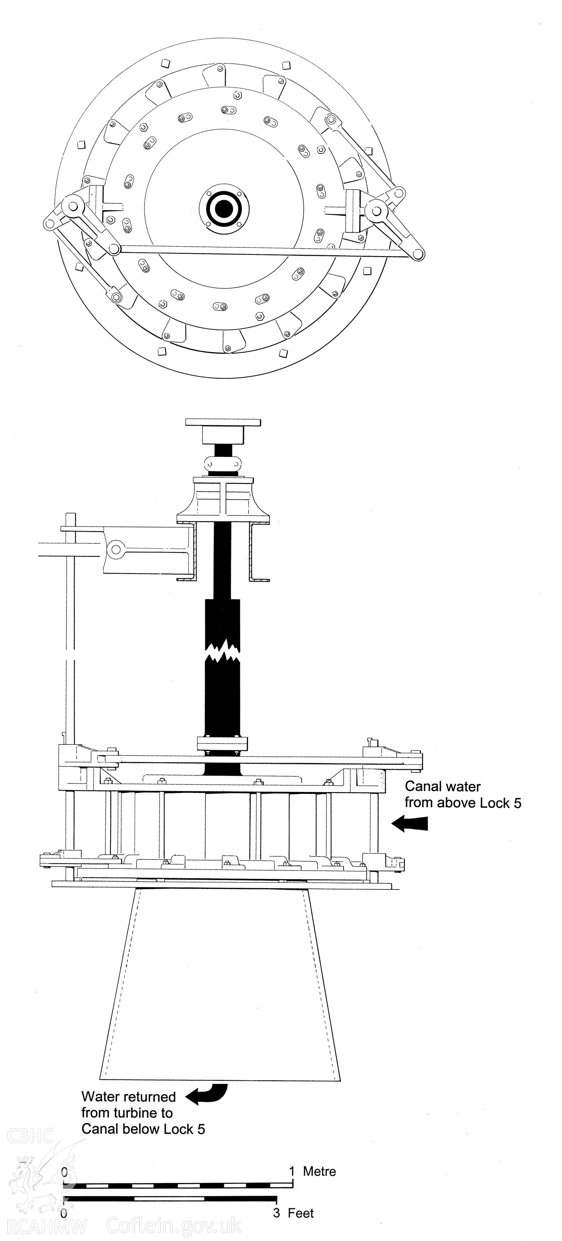 Measured drawing showing detail of a water-turbine situated alongside lock no 5 at Clydach Foundry, produced by J.D. Goodband, 1979.