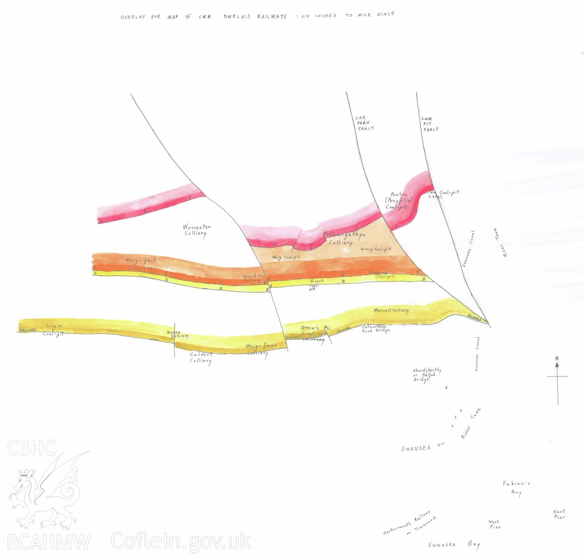 Hand drawn, coloured draft map showing collieries around Swansea, used as an overlay for a map of the Cwm Bwrlais Railways, produced for the RCAHMW Swansea Canal publication.